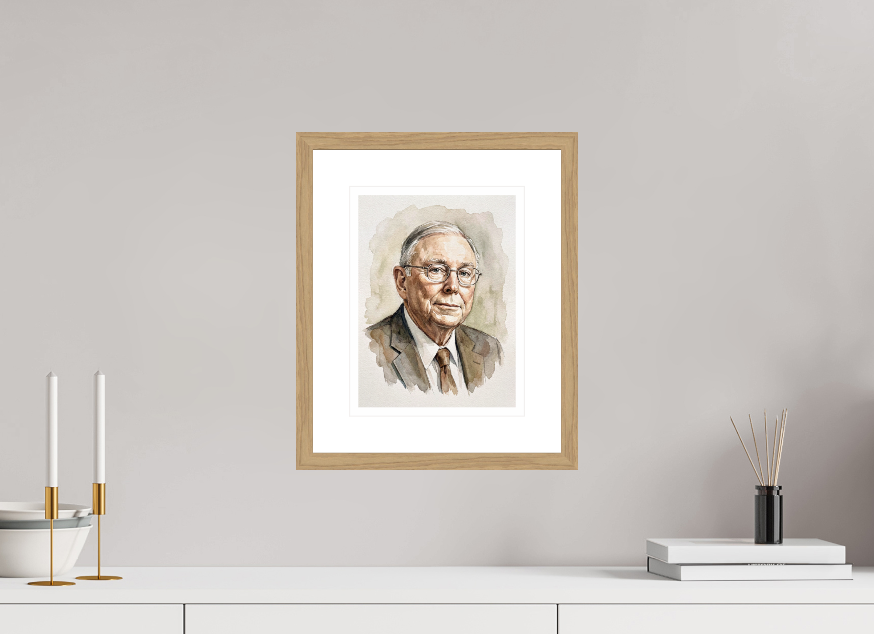 21 x 28 cm, Fine Art - Wood Frame Charlie Munger Watercolor Portrait – Framed "Architect of Berkshire" Art Print