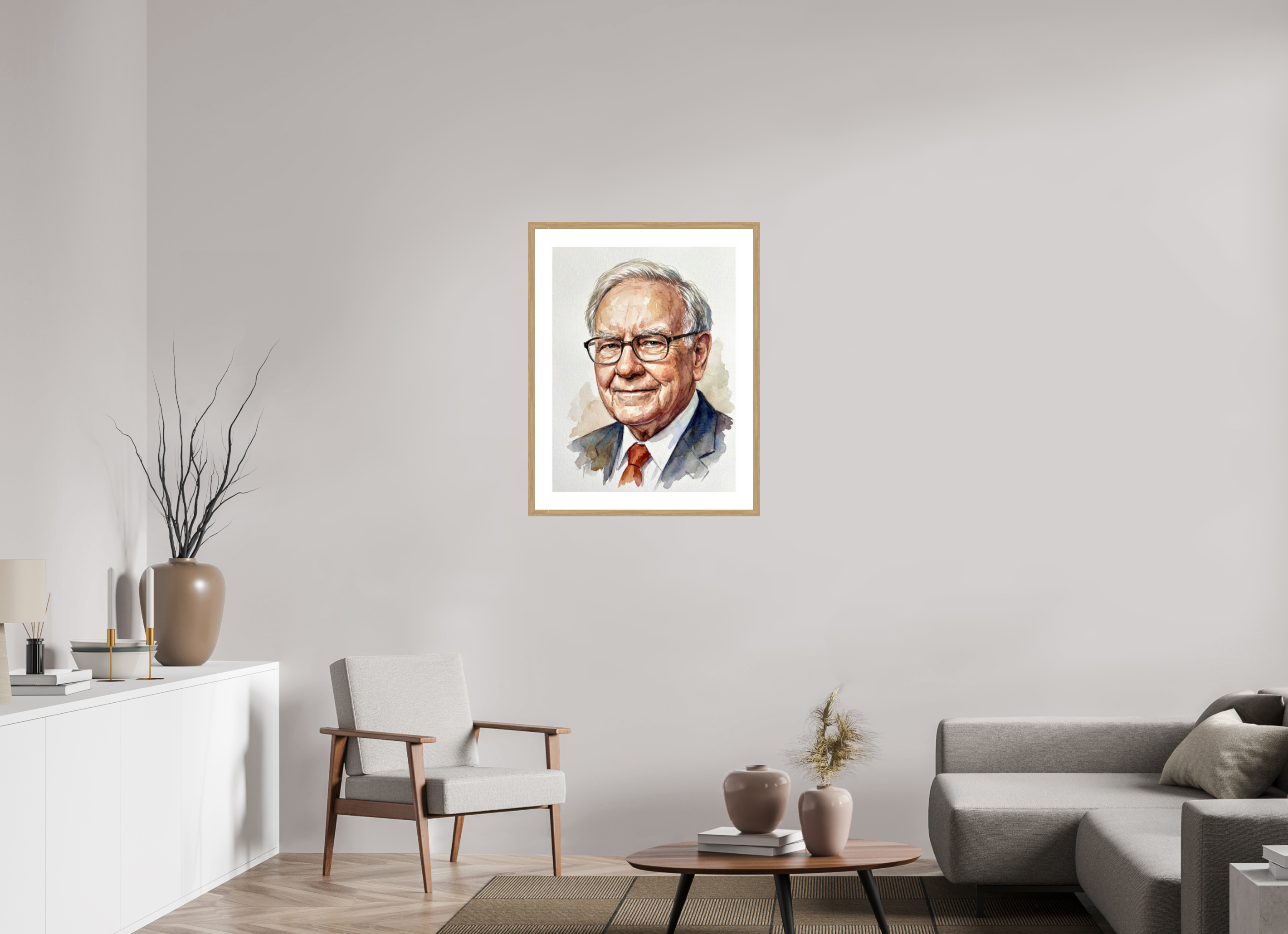 60 x 80 cm, Fine Art - Wood Frame Warren Buffett Watercolor Portrait – Framed "Oracle of Omaha" Art Print
