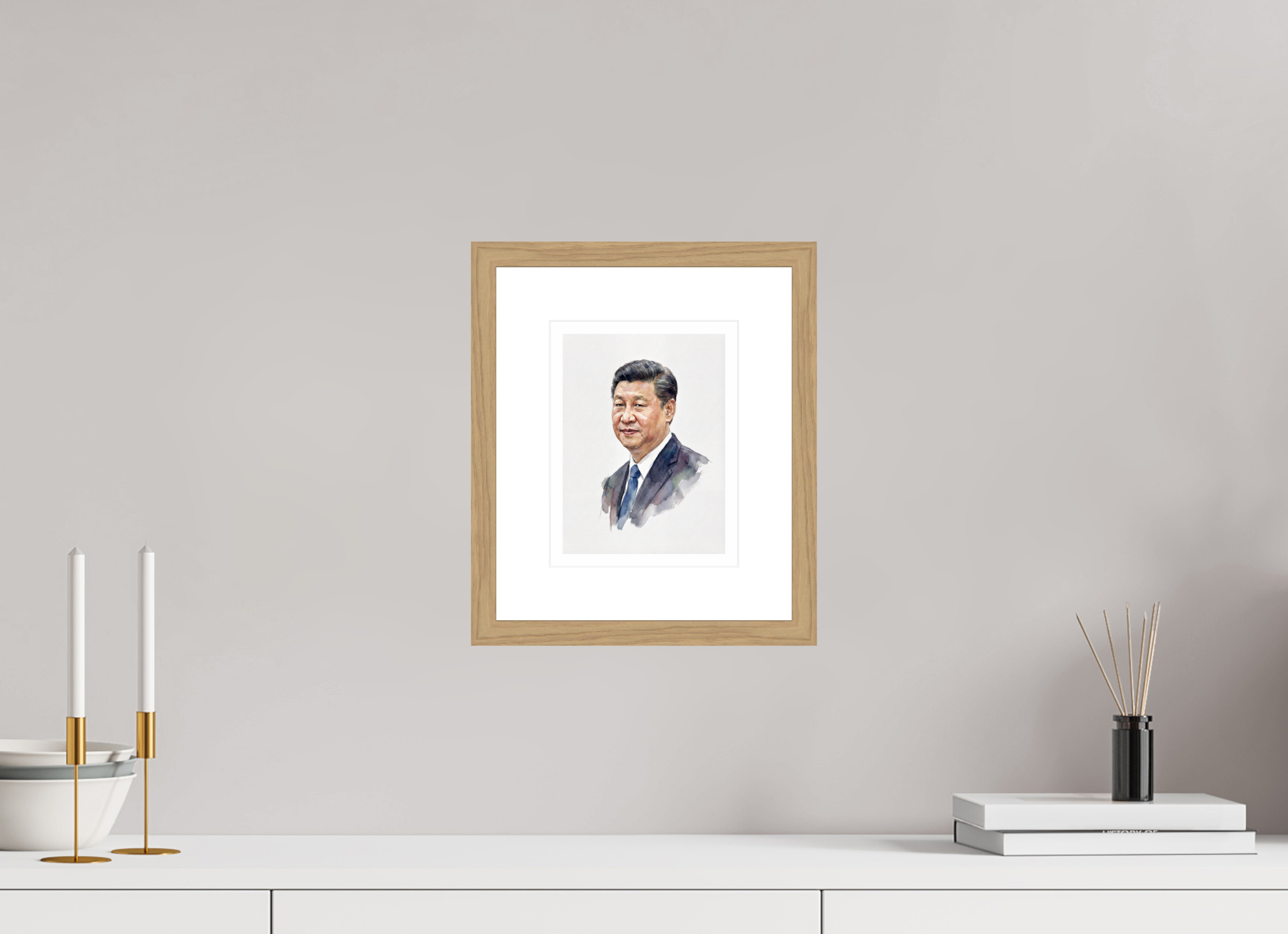 15 x 20 cm, Fine Art - Wood Frame Xi Jinping Watercolor Portrait – Framed "Core Leader" Art Print