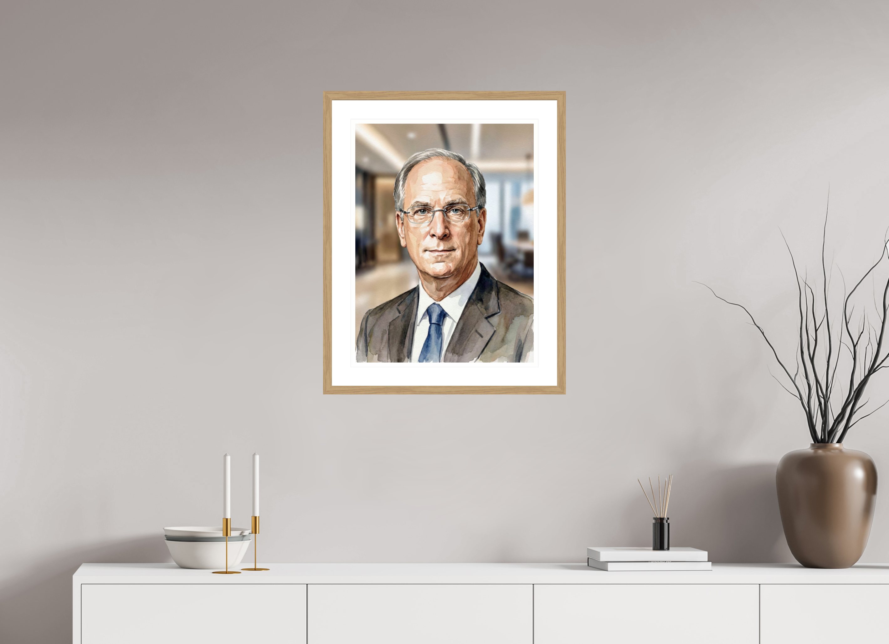 45 x 60 cm, Fine Art - Wood Frame Larry Fink Watercolor Portrait – Framed "King of Wall Street" Art Print