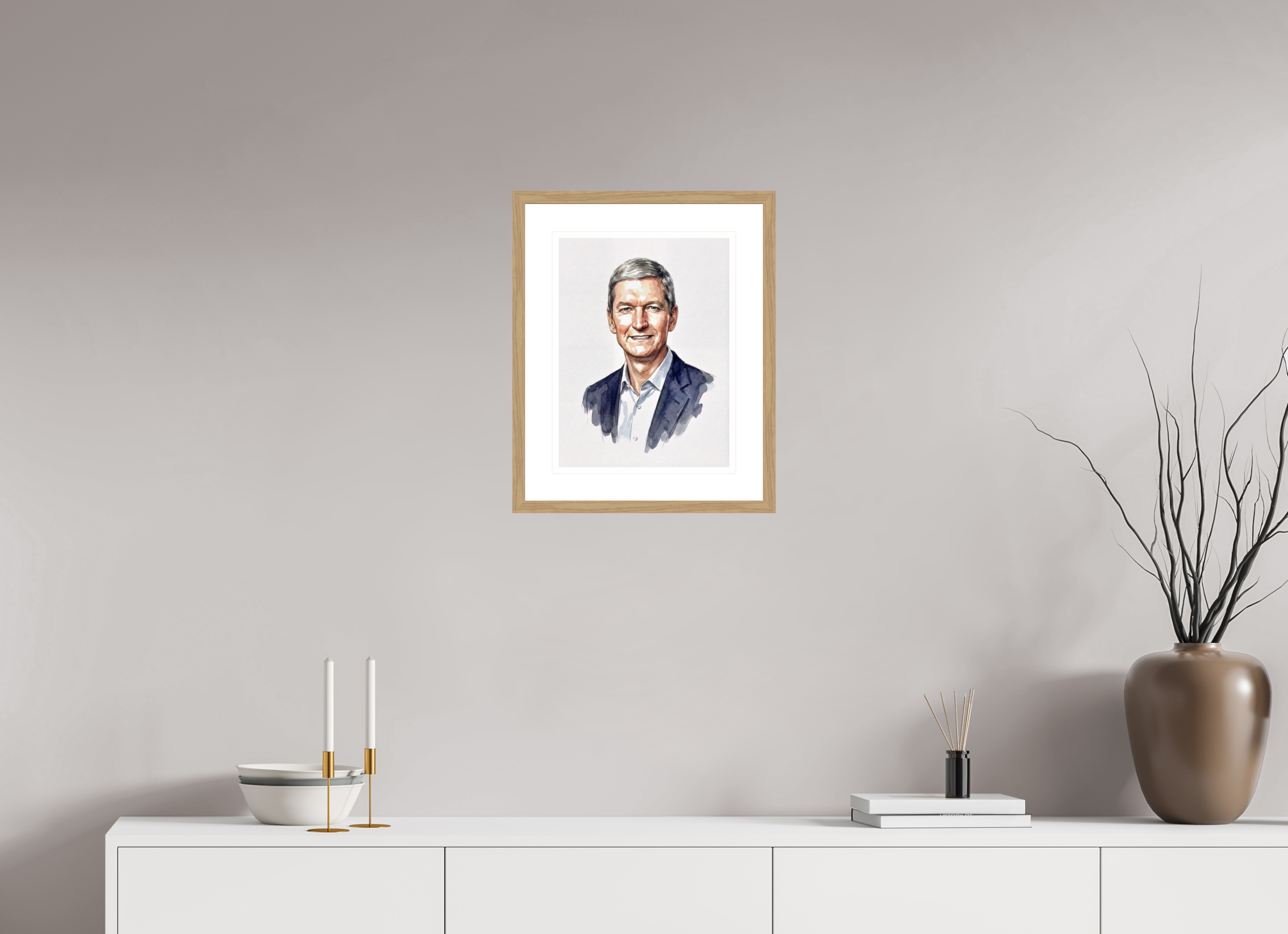 30 x 40 cm, Fine Art - Wood Frame Tim Cook Watercolor Portrait – Framed "Steward of Innovation" Art Print