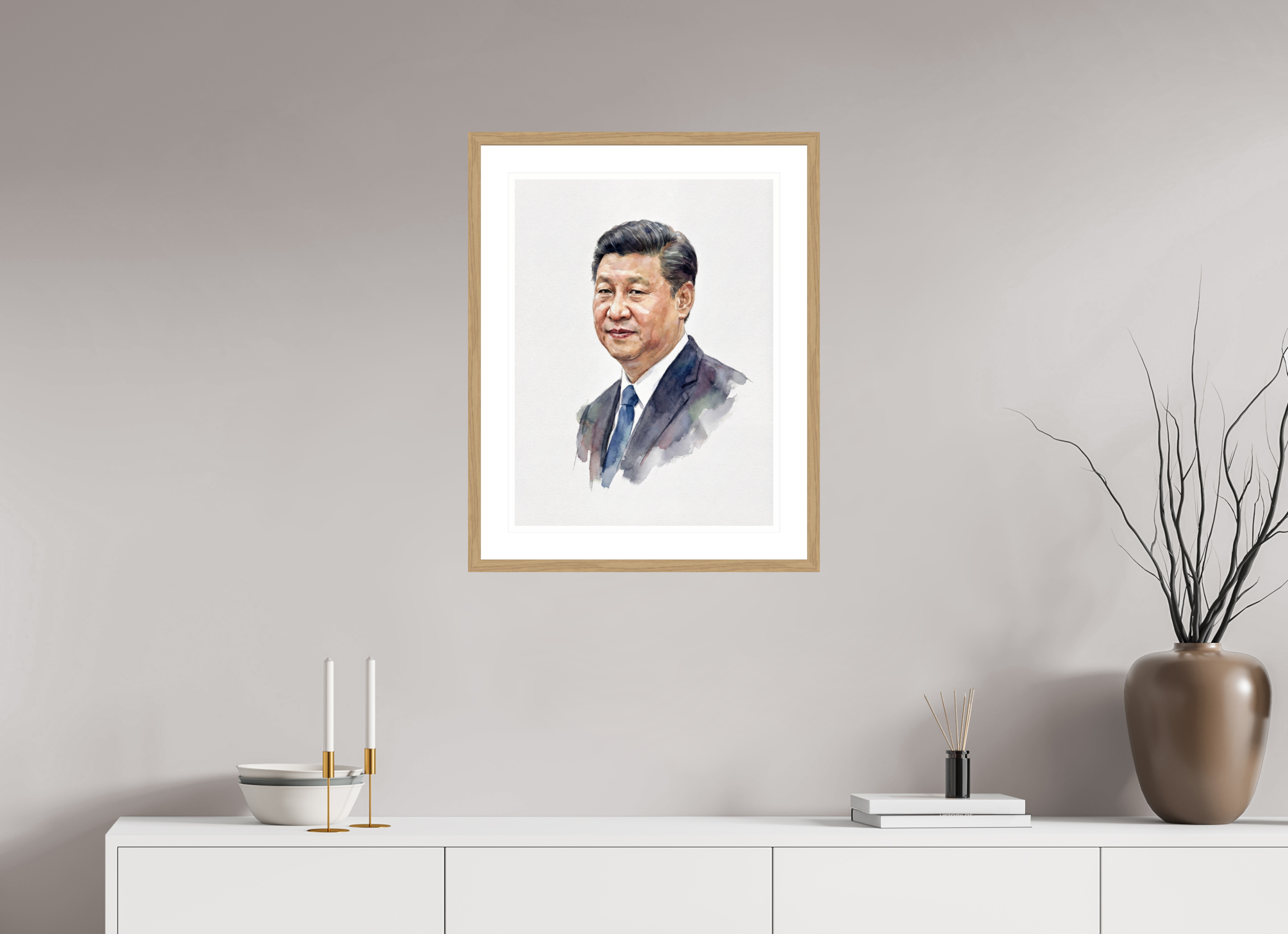 45 x 60 cm, Fine Art - Wood Frame Xi Jinping Watercolor Portrait – Framed "Core Leader" Art Print