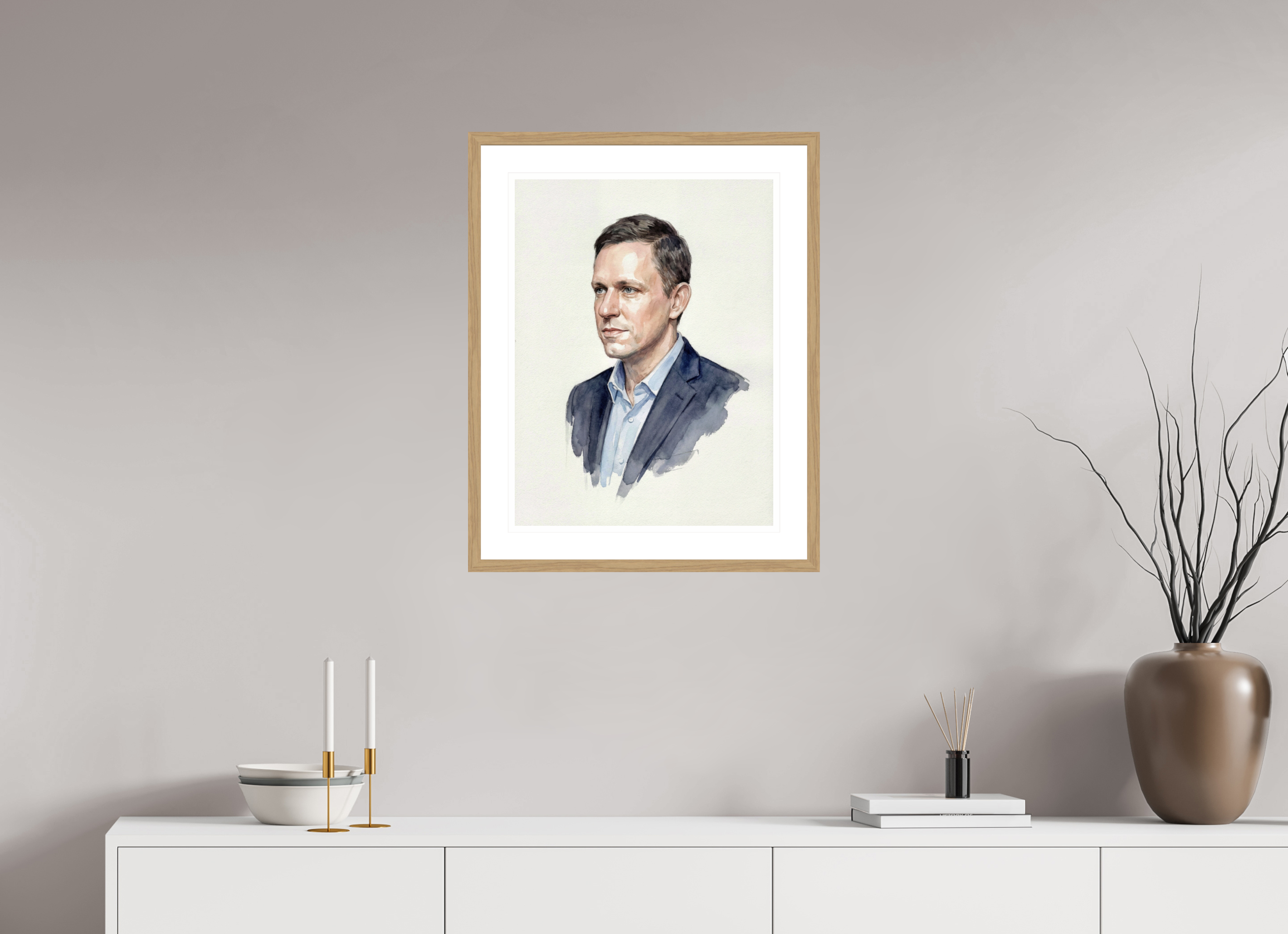 45 x 60 cm, Fine Art - Wood Frame Peter Thiel Watercolor Portrait – Framed "Contrarian Visionary" Art Print