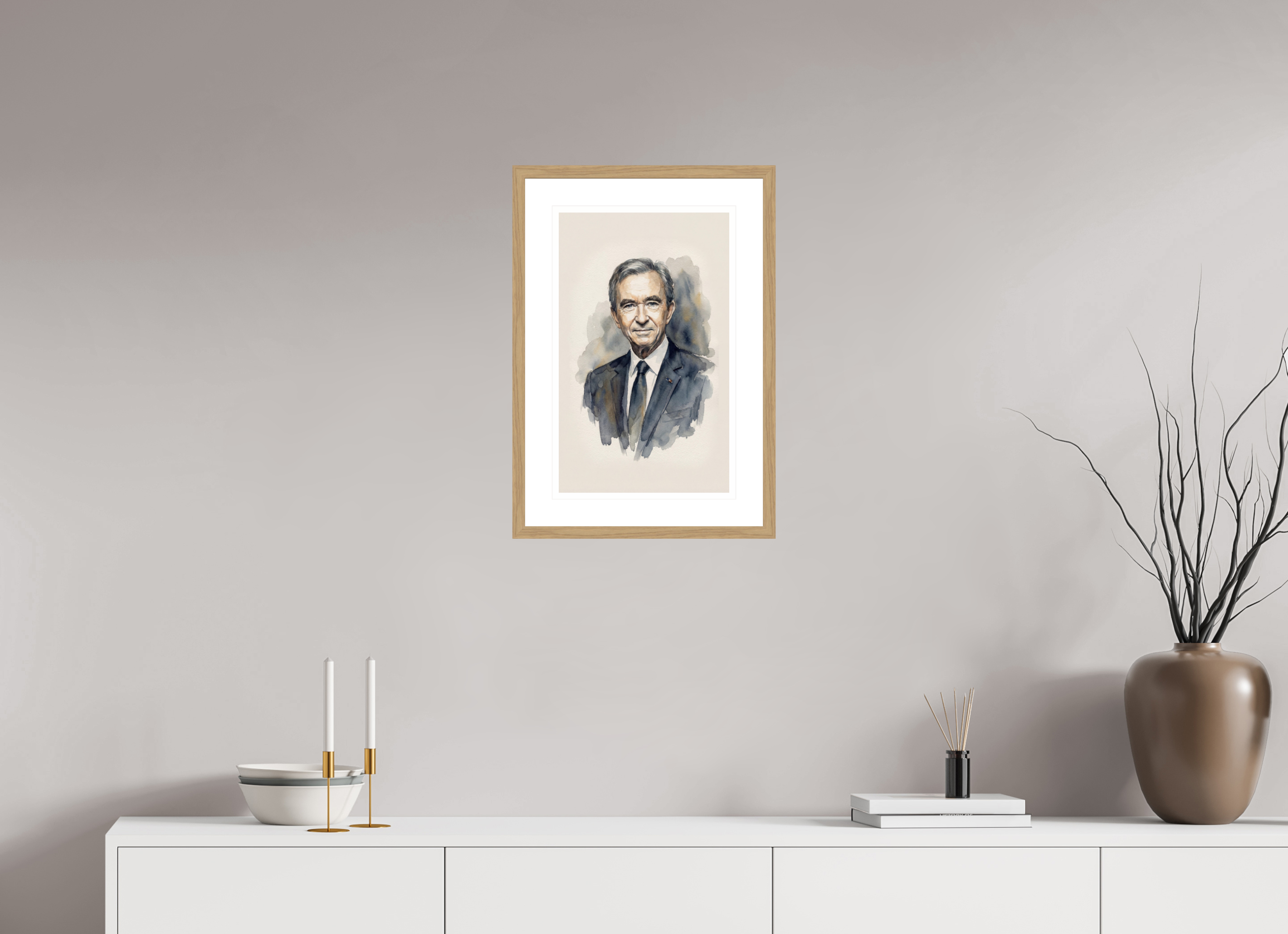 30 x 48,7 cm, Fine Art - Wood Frame Bernard Arnault Watercolor Portrait – Framed "Pope of Fashion" Art Print