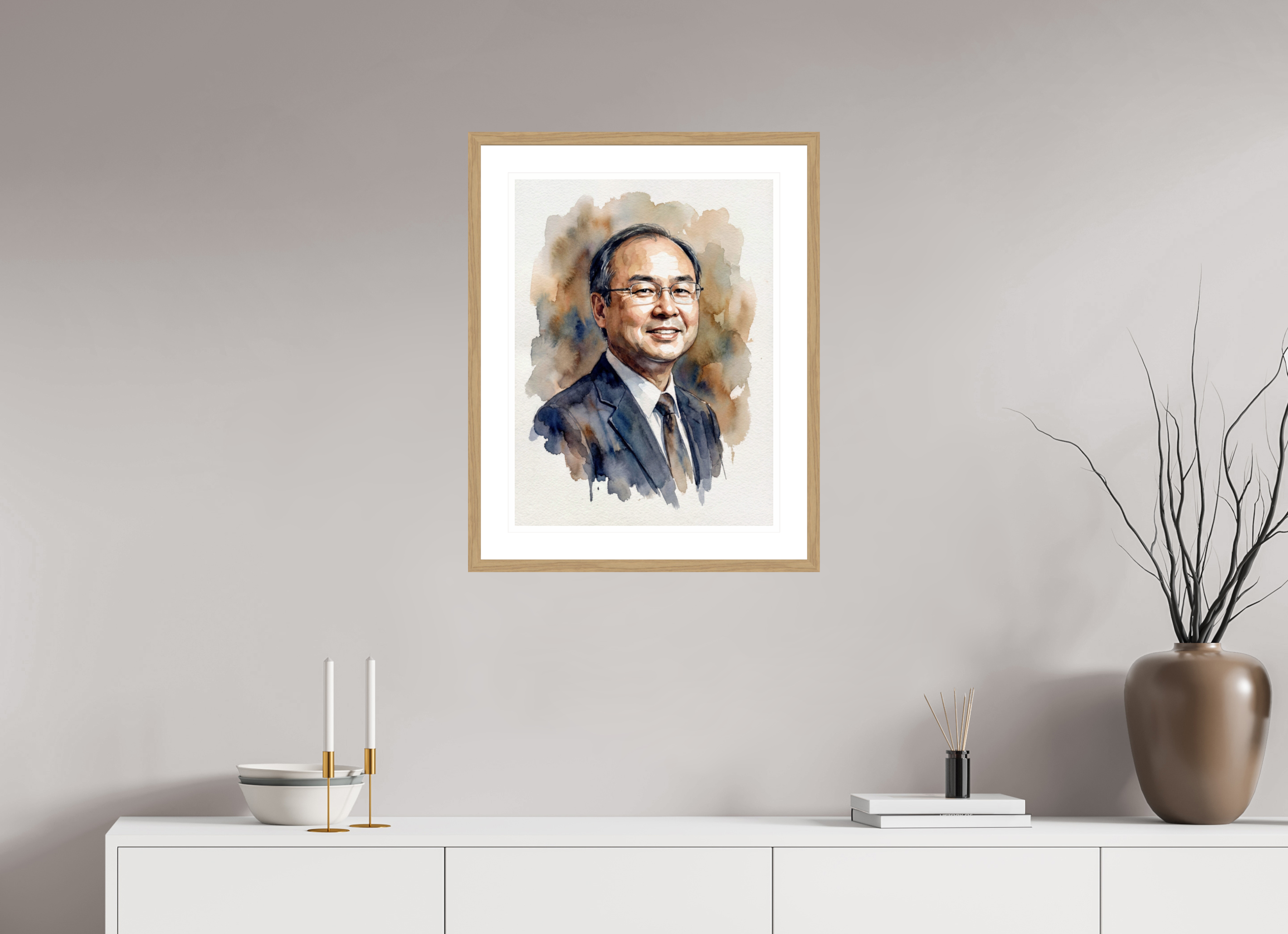 45 x 60 cm, Fine Art - Wood Frame Masayoshi Son Watercolor Portrait – Framed "Vanguard of AI" Art Print