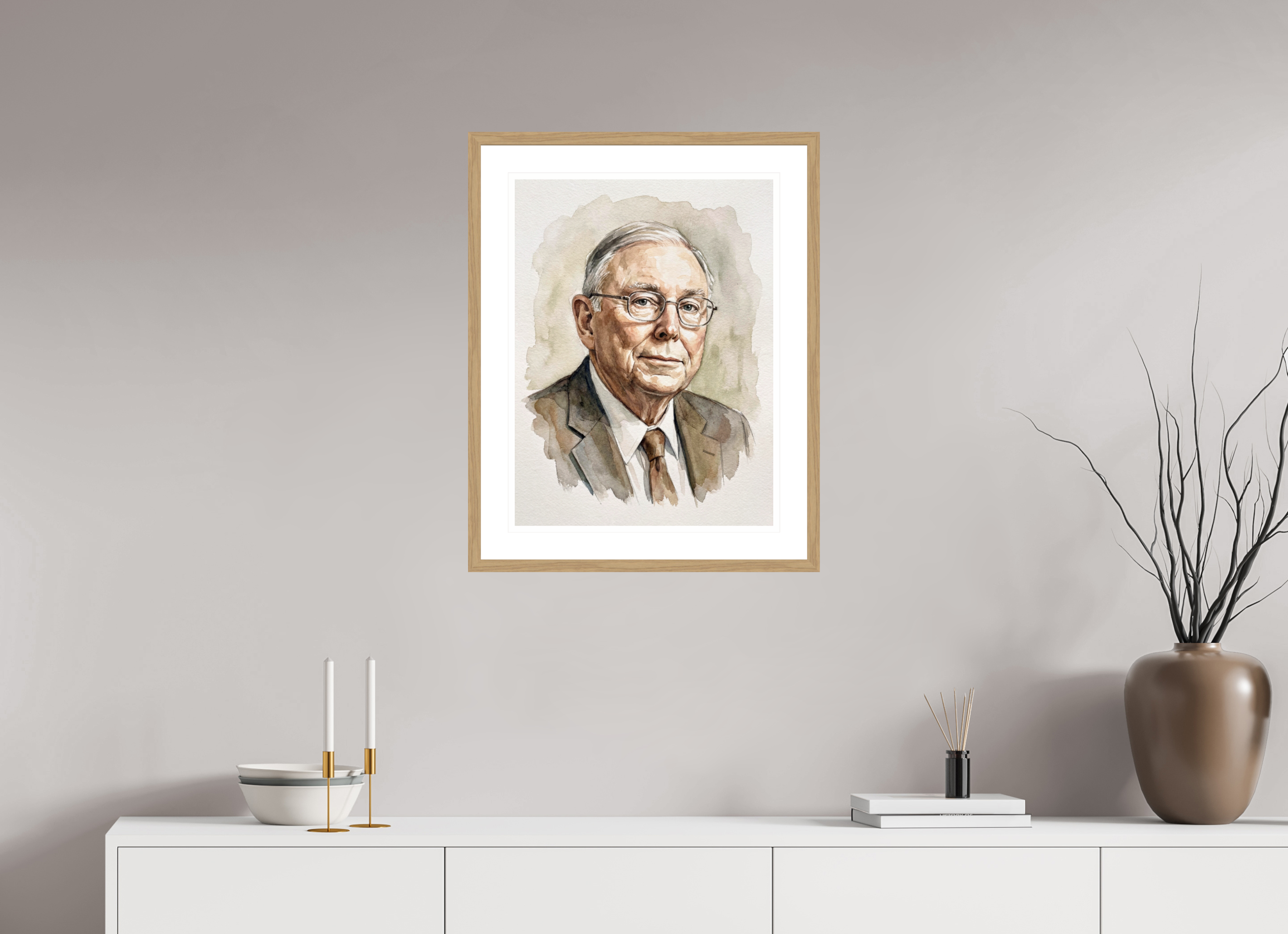 45 x 60 cm, Fine Art - Wood Frame Charlie Munger Watercolor Portrait – Framed "Architect of Berkshire" Art Print