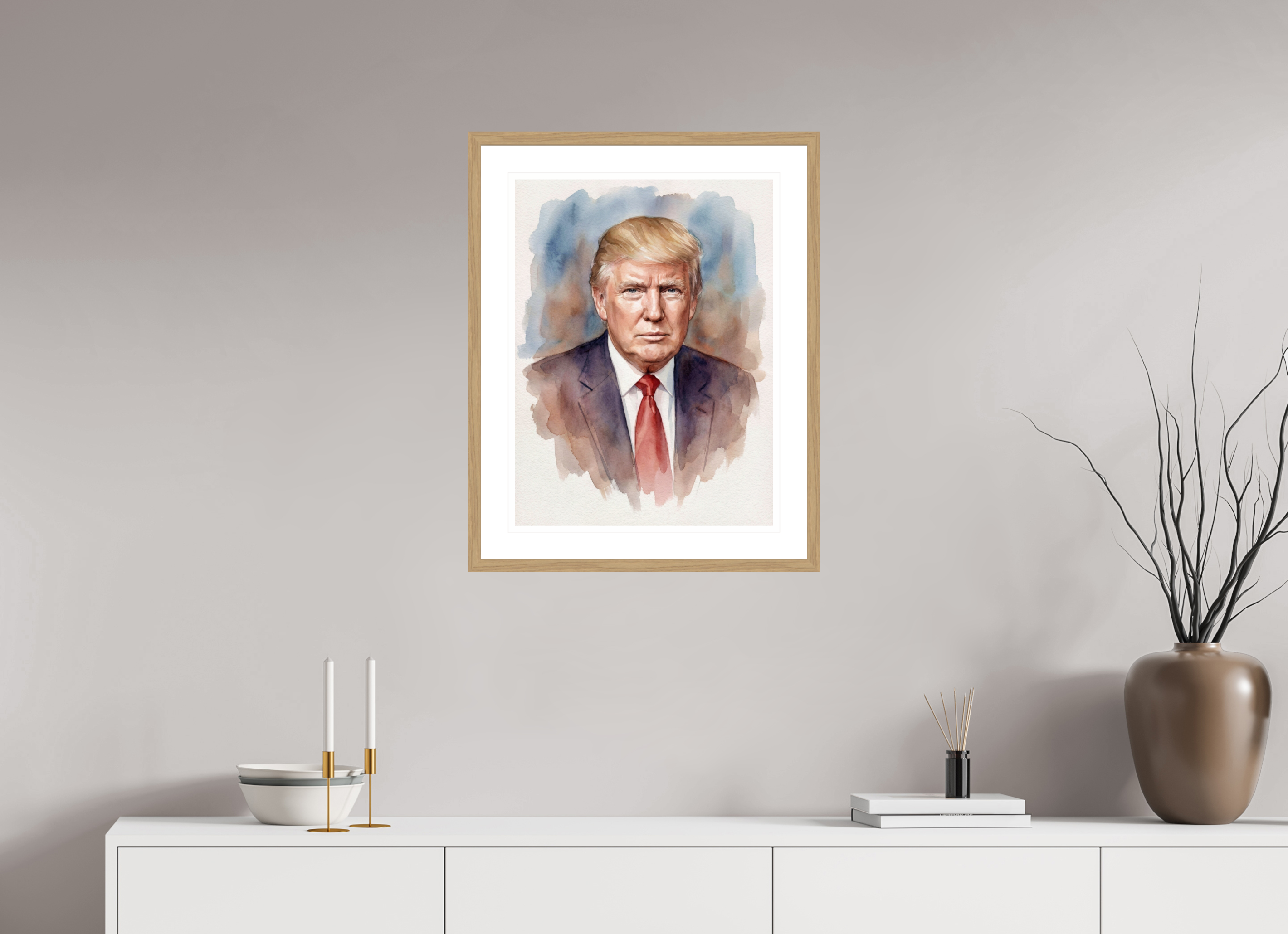 45 x 60 cm, Fine Art - Wood Frame Donald Trump Watercolor Portrait – Framed "Modern Leader" Art Print