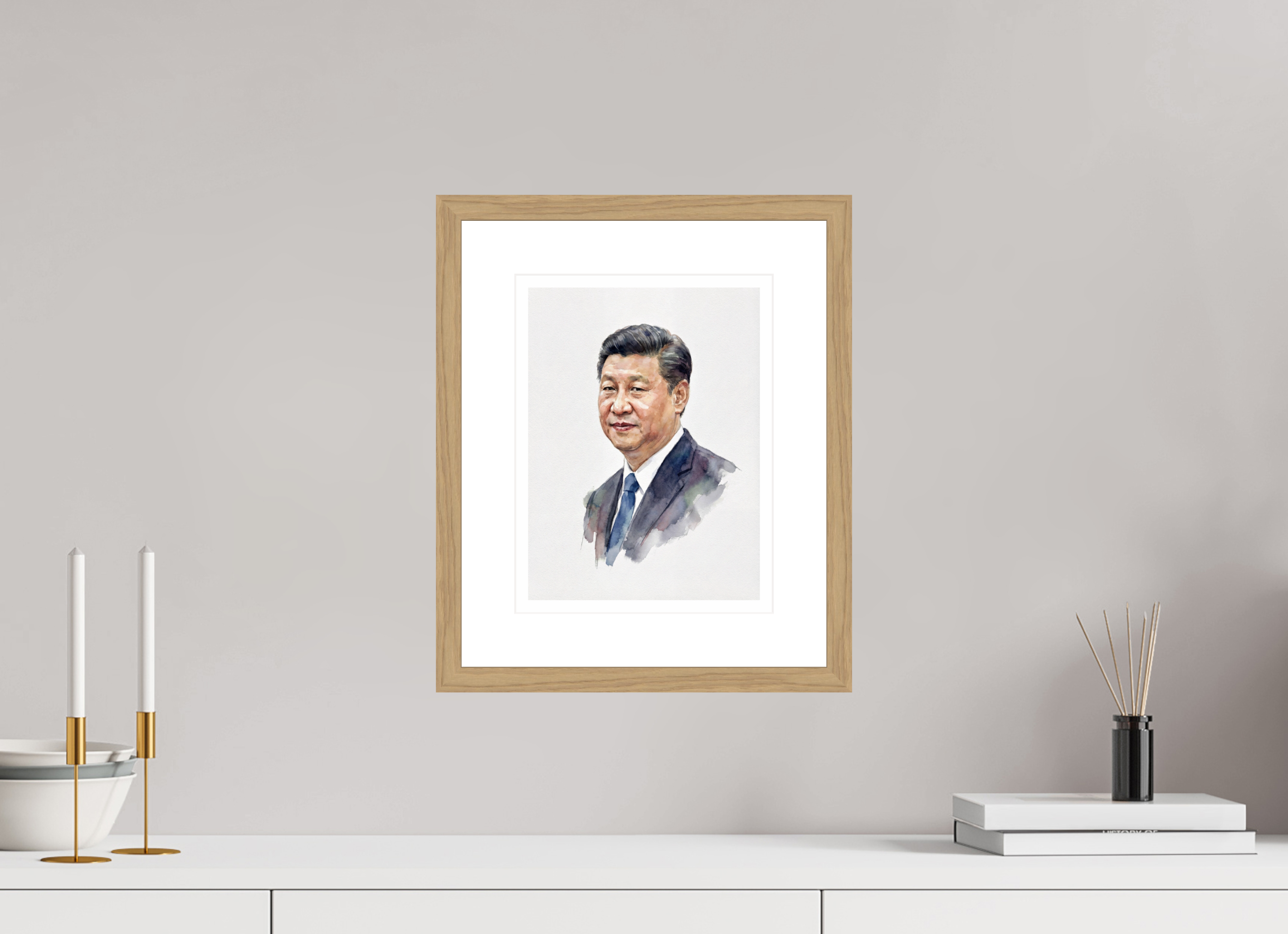 21 x 28 cm, Fine Art - Wood Frame Xi Jinping Watercolor Portrait – Framed "Core Leader" Art Print