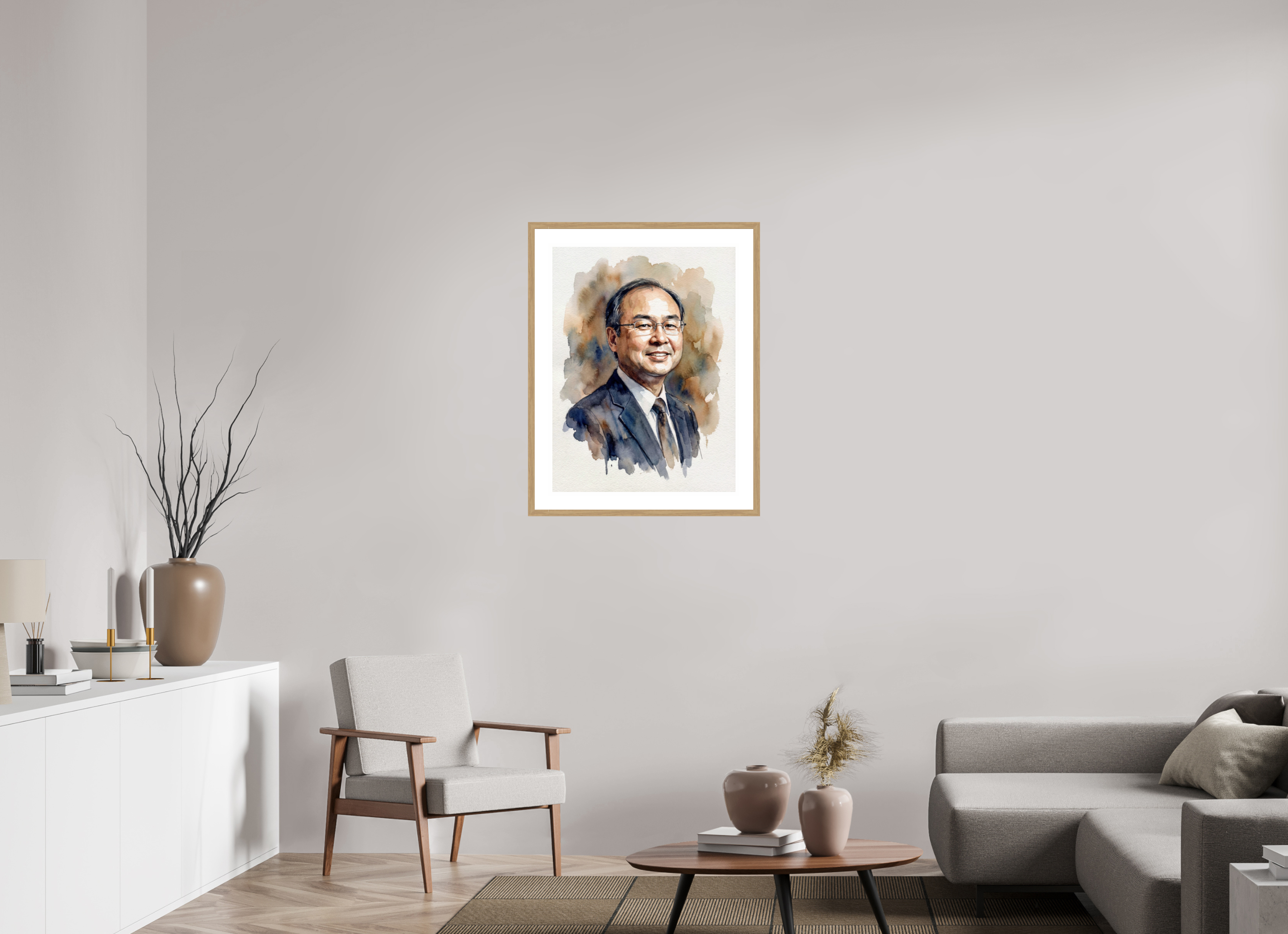 60 x 80 cm, Fine Art - Wood Frame Masayoshi Son Watercolor Portrait – Framed "Vanguard of AI" Art Print