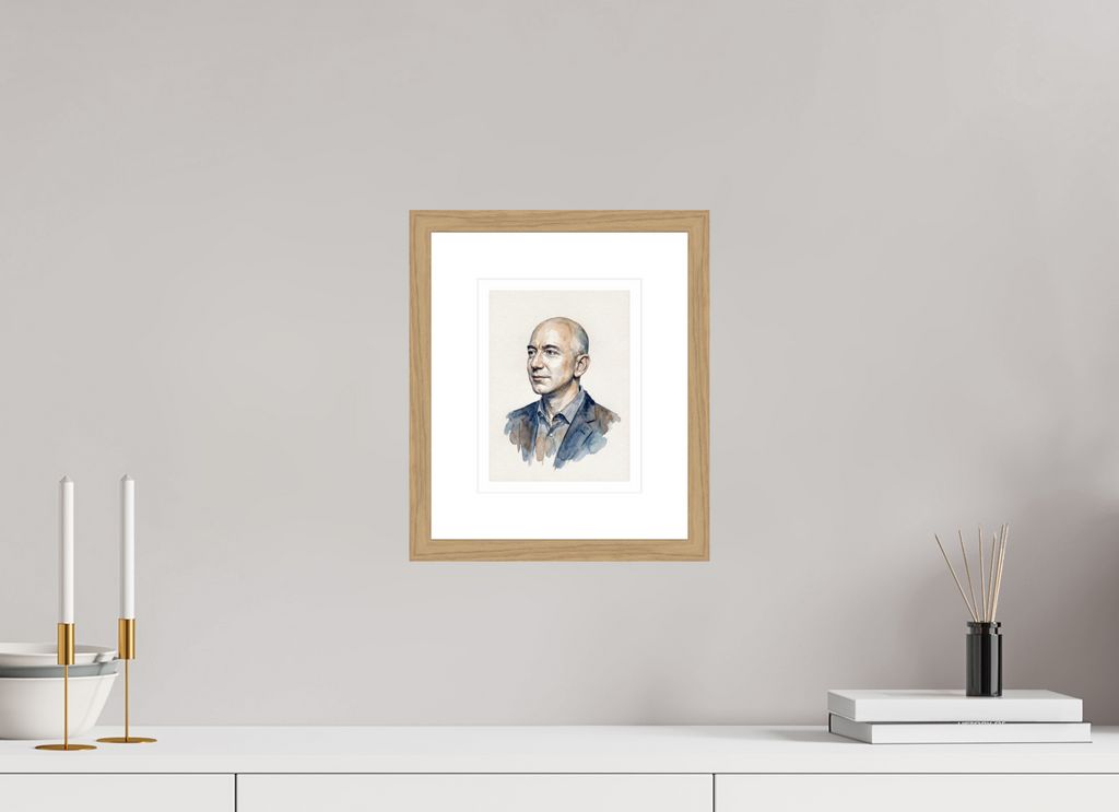 15 x 20 cm, Fine Art - Wood Frame Jeff Bezos Watercolor Portrait – Framed "Day 1" Visionary Art Print