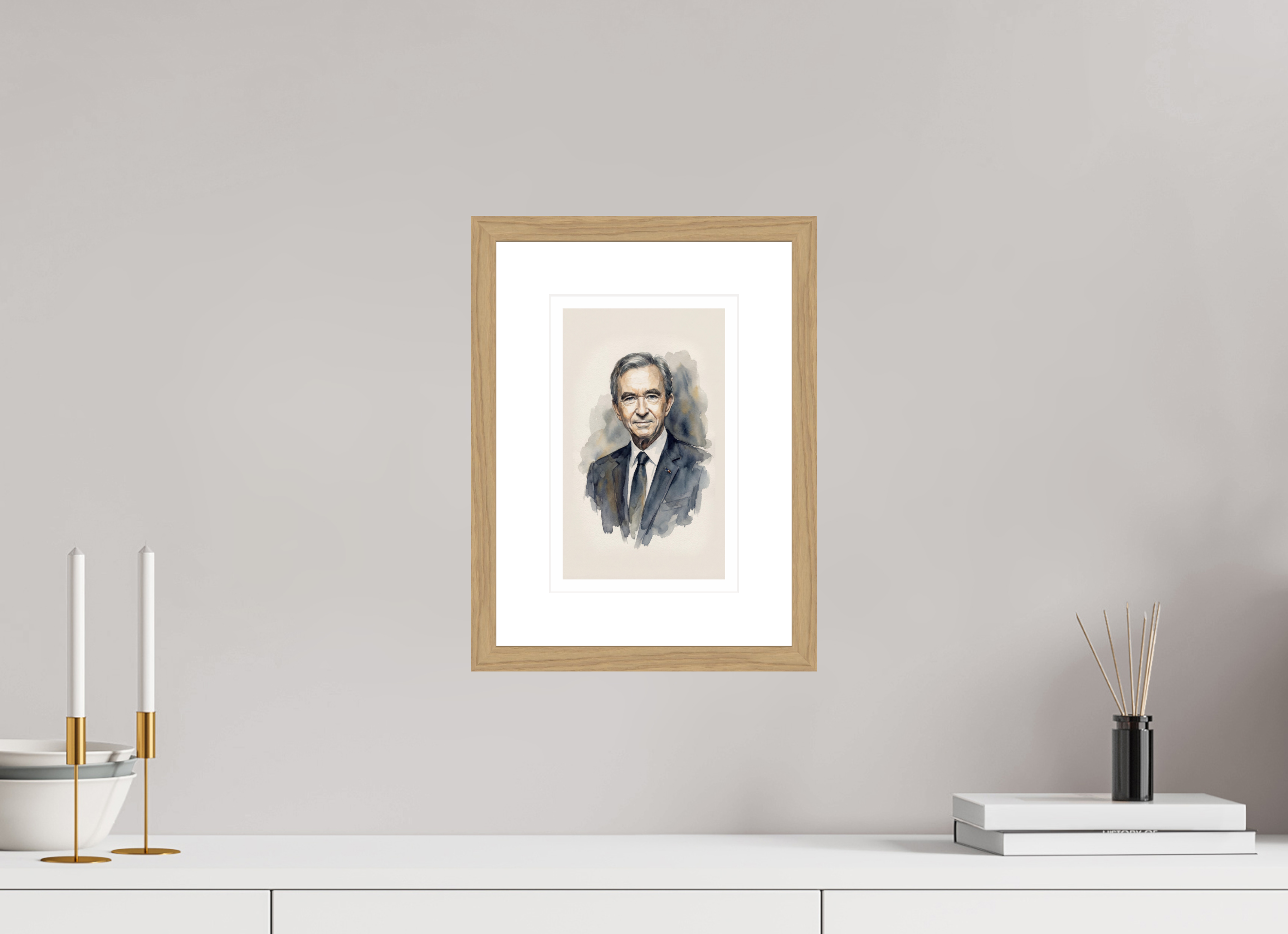 15 x 24,4 cm, Fine Art - Wood Frame Bernard Arnault Watercolor Portrait – Framed "Pope of Fashion" Art Print