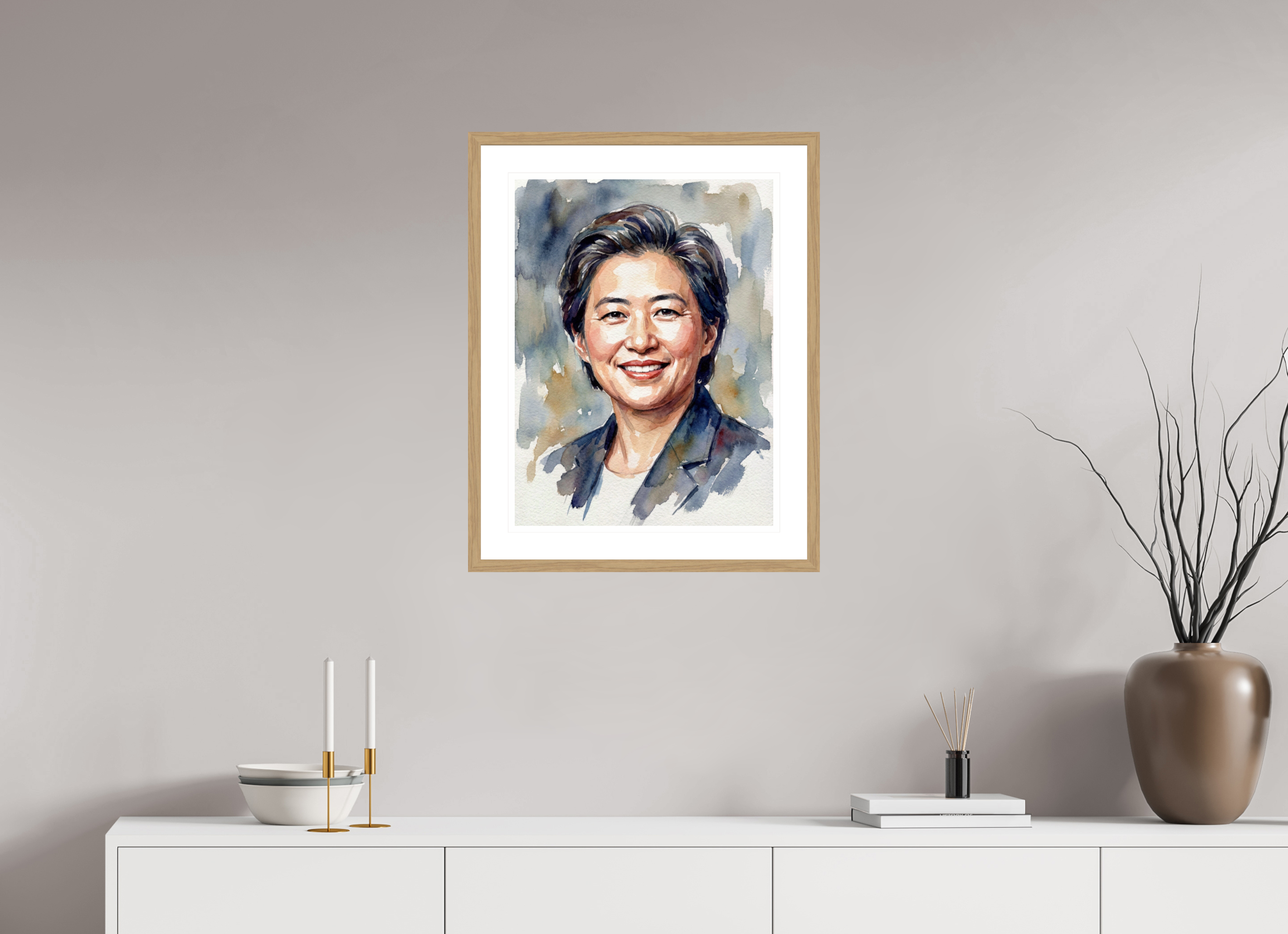 45 x 60 cm, Fine Art - Wood Frame Lisa Su Watercolor Portrait – Framed AMD Visionary Art Print