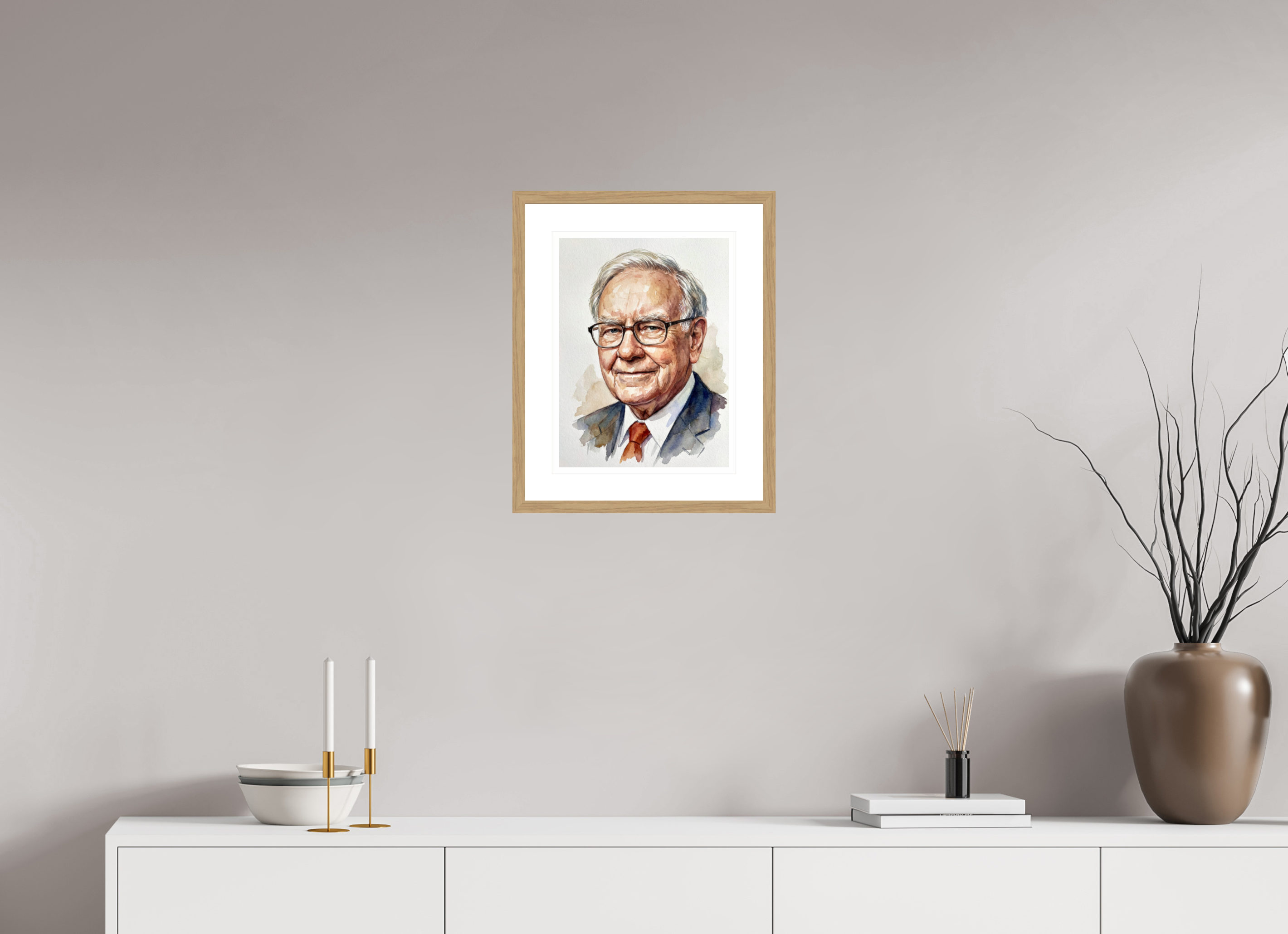 30 x 40 cm, Fine Art - Wood Frame Warren Buffett Watercolor Portrait – Framed "Oracle of Omaha" Art Print