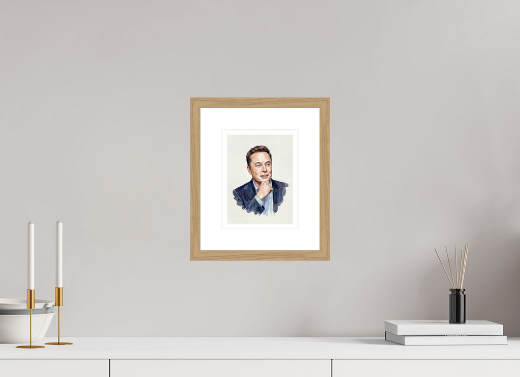 15 x 20 cm, Fine Art - Wood Frame Elon Musk Watercolor Portrait – Framed Fine Art Print