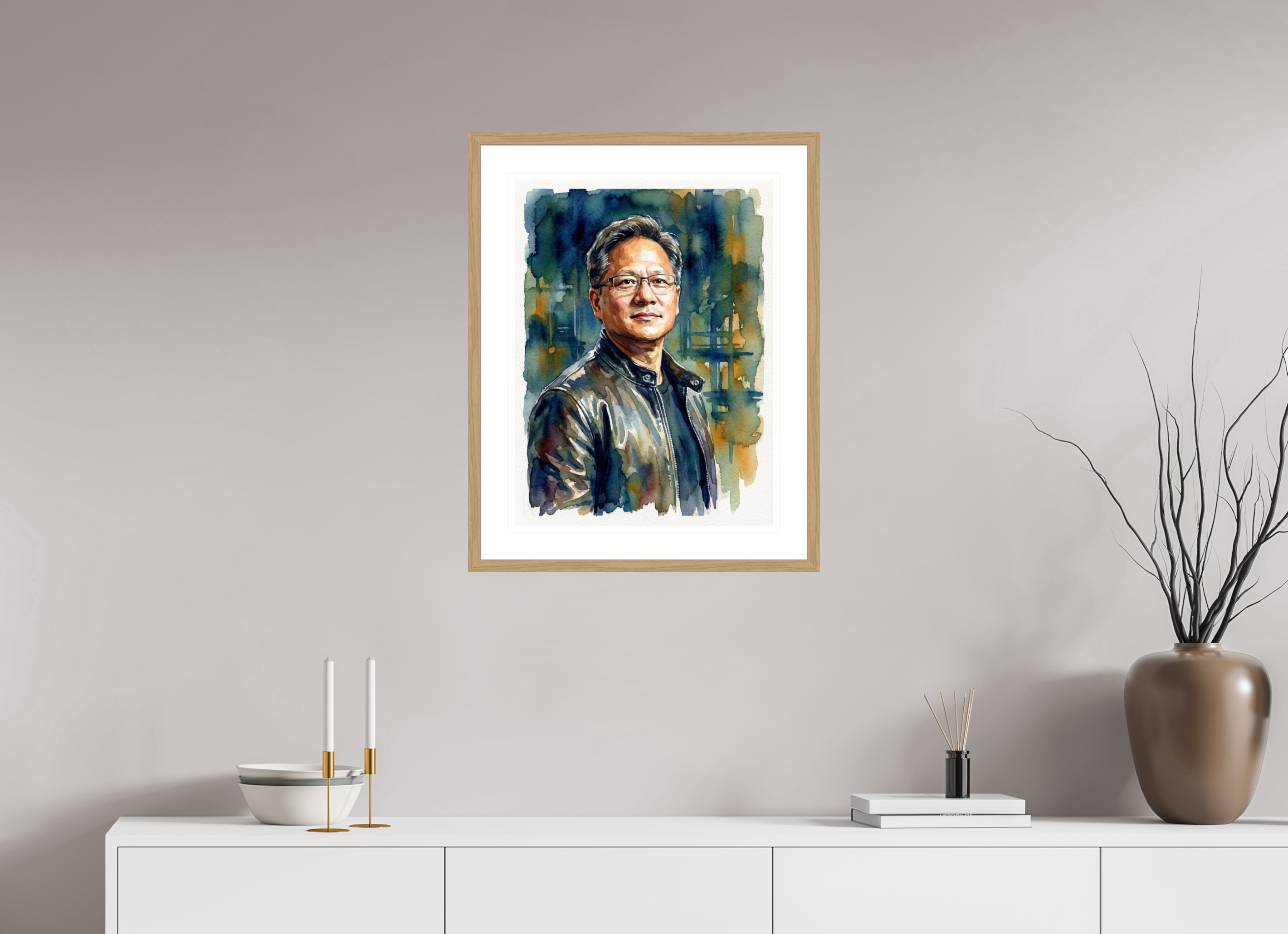 45 x 60 cm, Fine Art - Wood Frame Jensen Huang Watercolor Portrait – Framed AI Pioneer Art Print