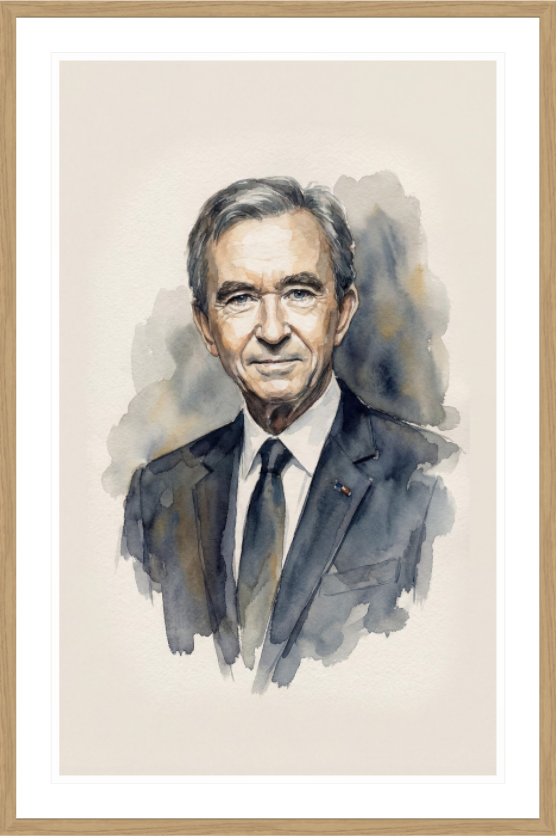 Main image Bernard Arnault Watercolor Portrait – Framed "Pope of Fashion" Art Print