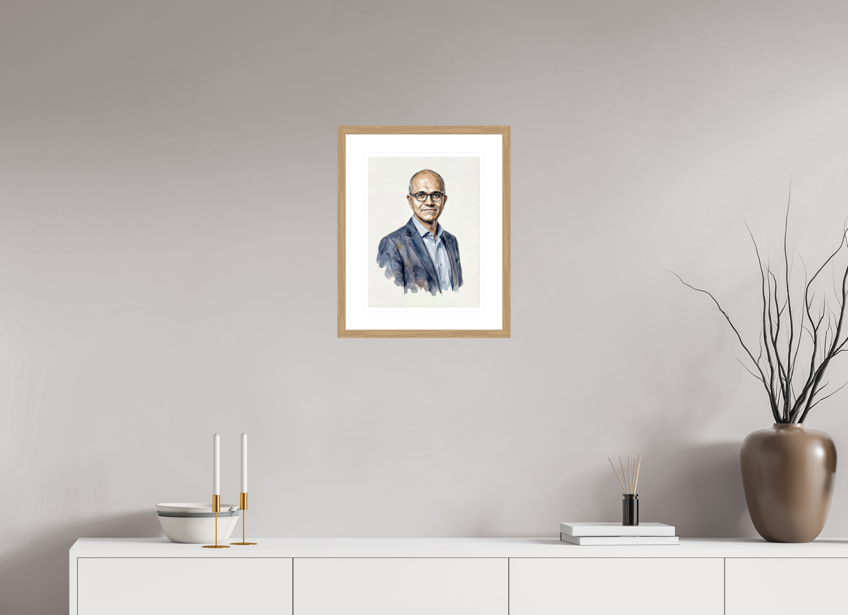 30 x 40 cm, Fine Art - Wood Frame Satya Nadella Watercolor Portrait – Framed "Empowerment & Innovation" Art Print