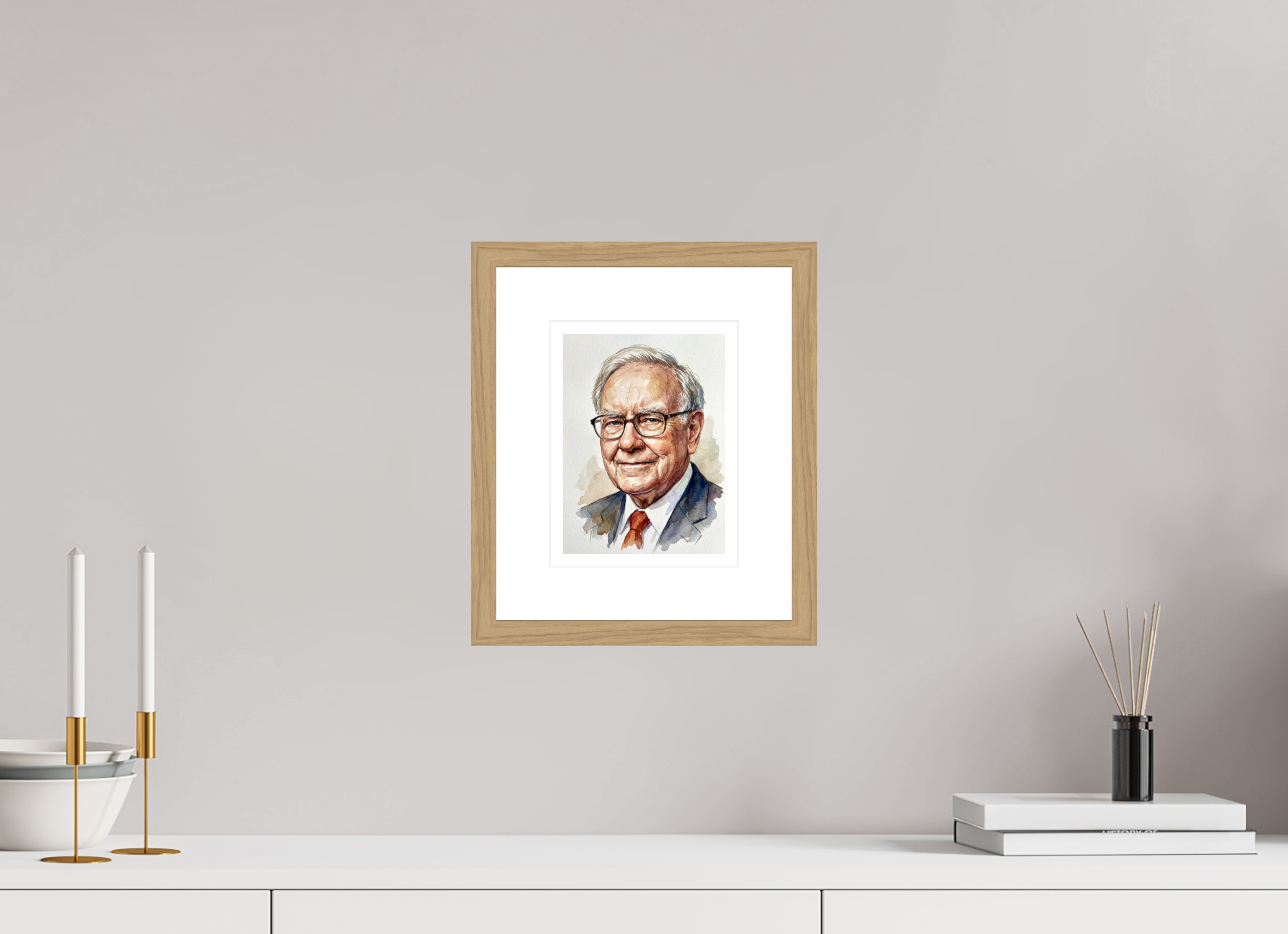 15 x 20 cm, Fine Art - Wood Frame Warren Buffett Watercolor Portrait – Framed "Oracle of Omaha" Art Print