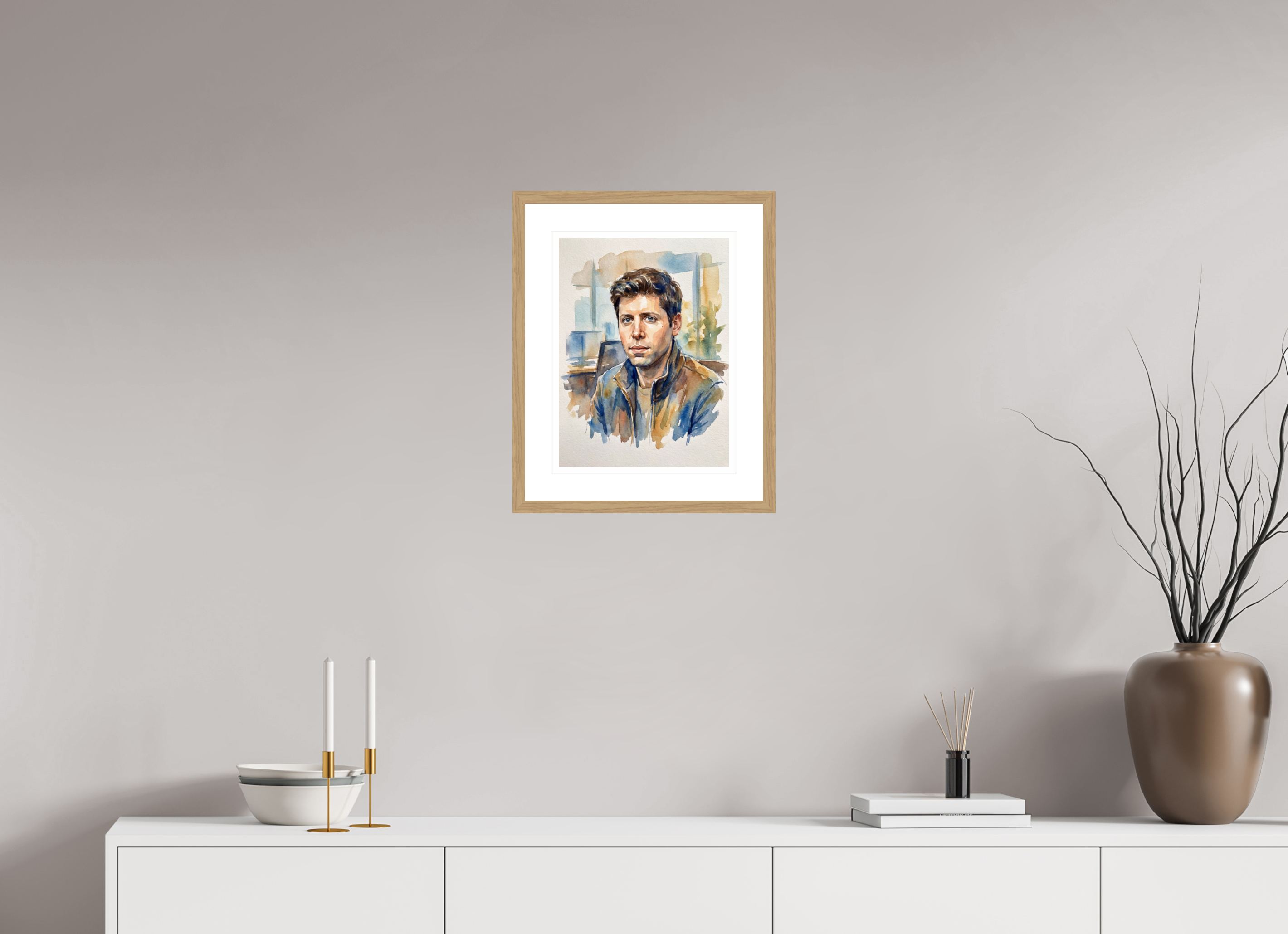 30 x 40 cm, Fine Art - Wood Frame Sam Altman Watercolor Portrait – Framed AI Visionary Art Print