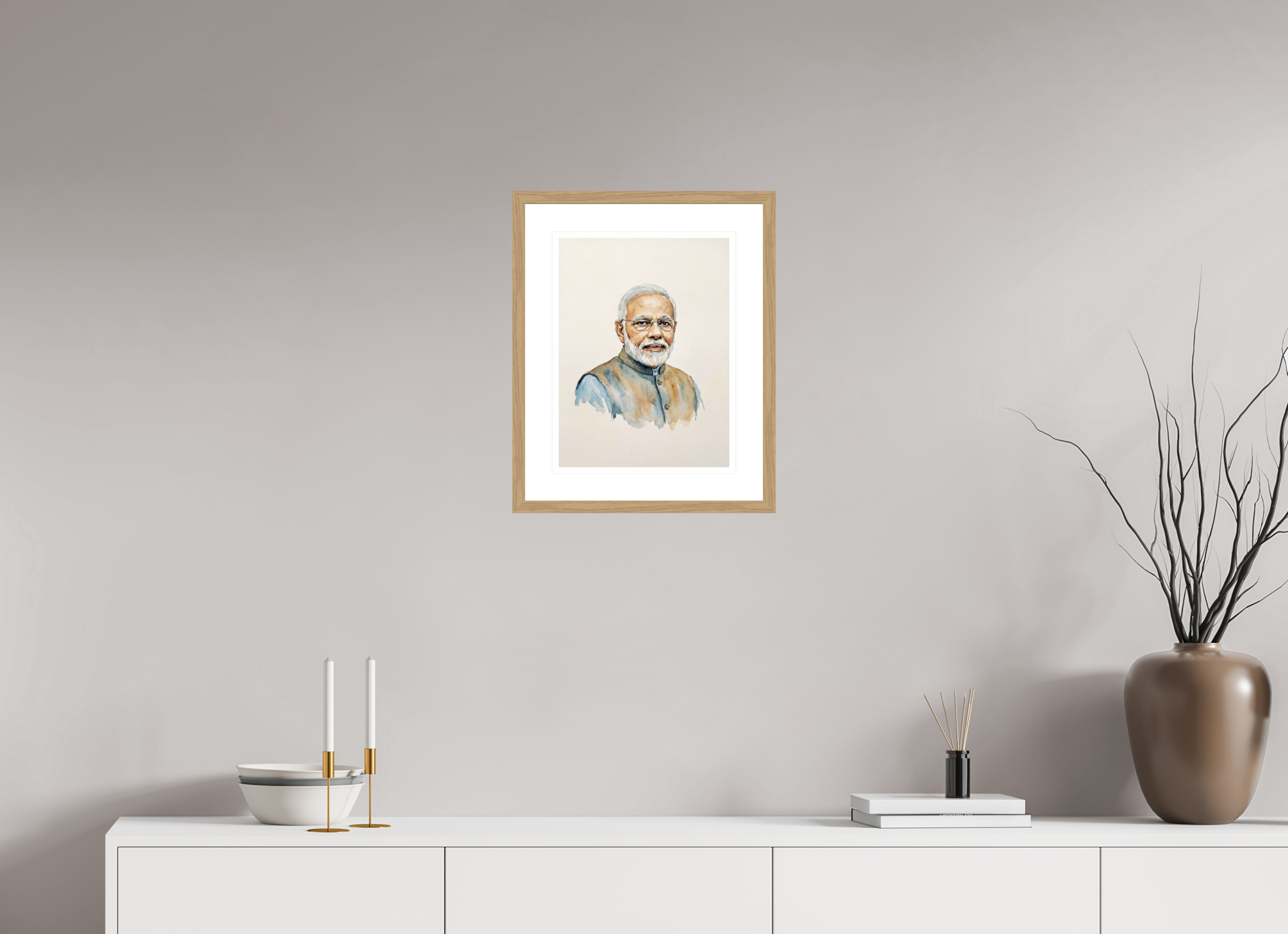 30 x 40 cm, Fine Art - Wood Frame Narendra Modi Watercolor Portrait – Framed Global Leader Art Print