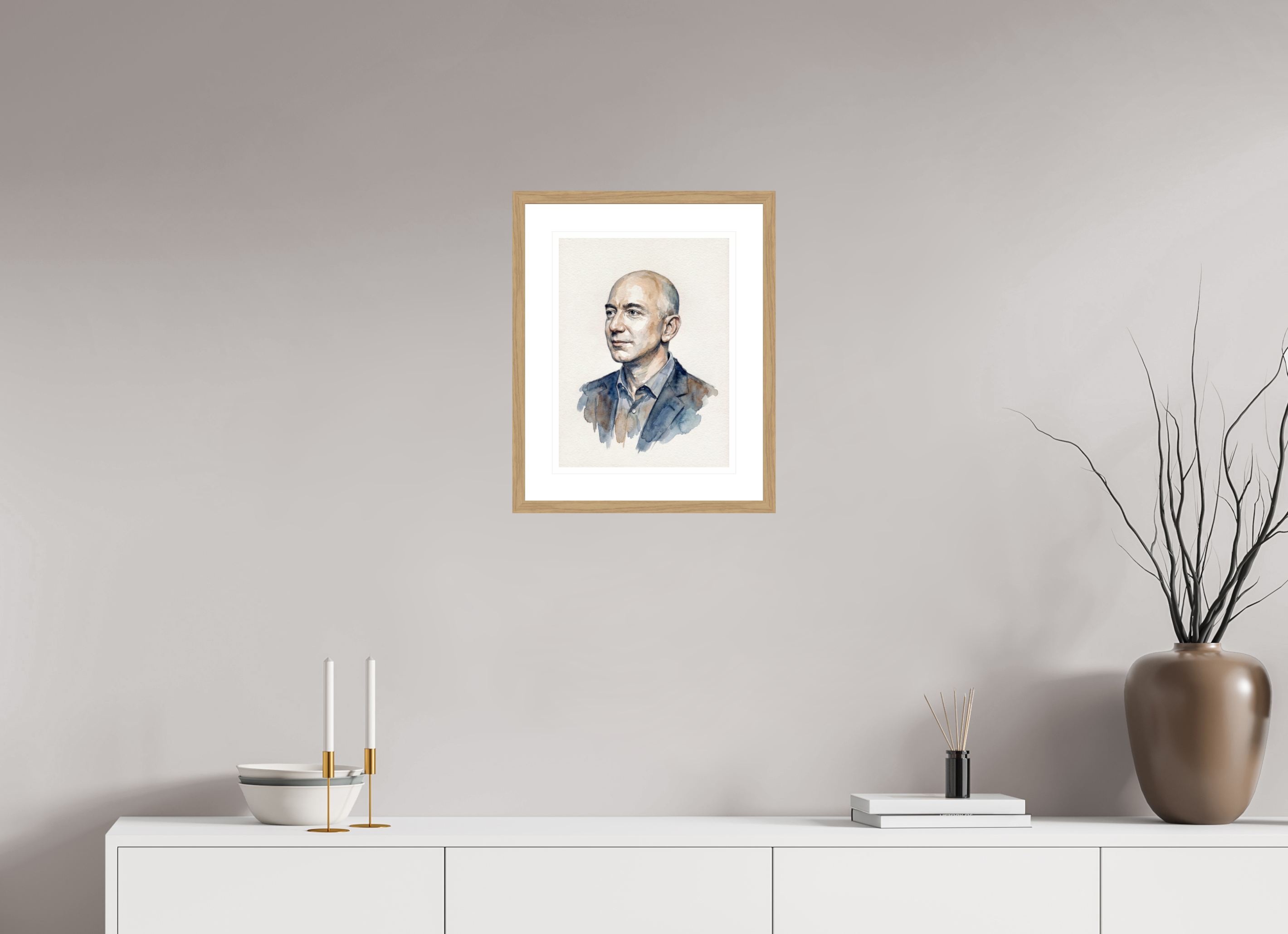 30 x 40 cm, Fine Art - Wood Frame Jeff Bezos Watercolor Portrait – Framed "Day 1" Visionary Art Print