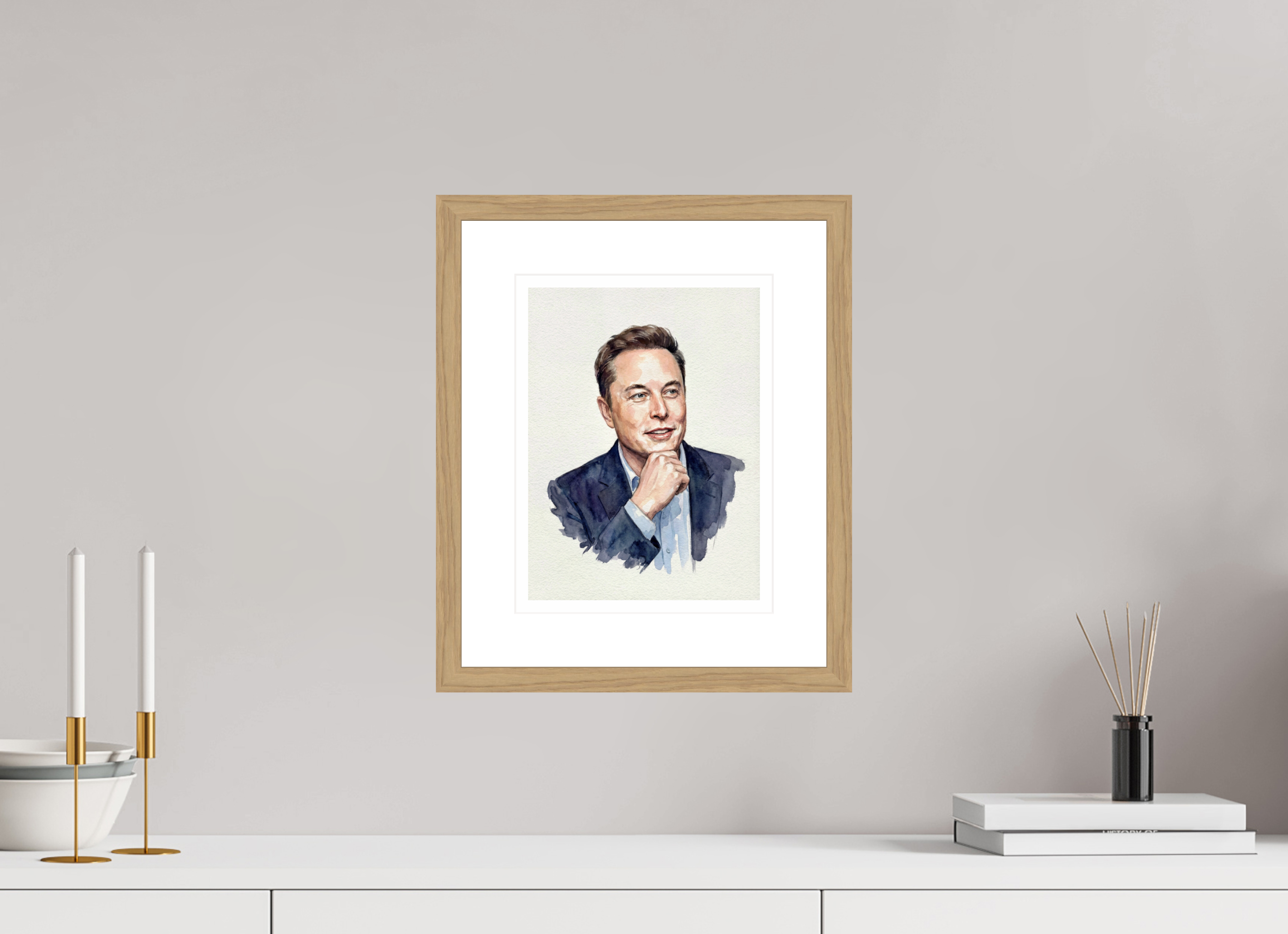 21 x 28 cm, Fine Art - Wood Frame Elon Musk Watercolor Portrait – Framed Fine Art Print