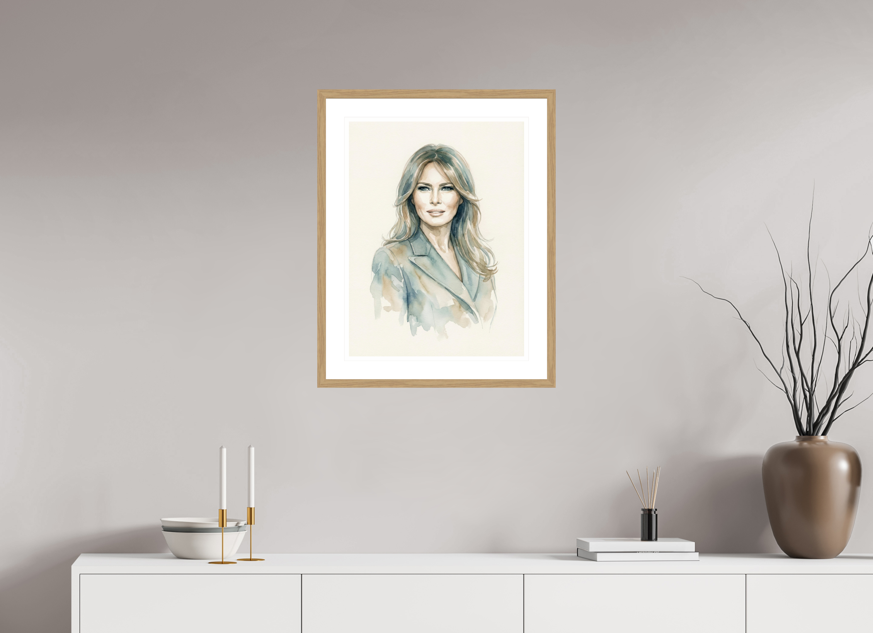 45 x 60 cm, Fine Art - Wood Frame Melania Trump Watercolor Portrait – Framed Elegant "Be Best" Art Print