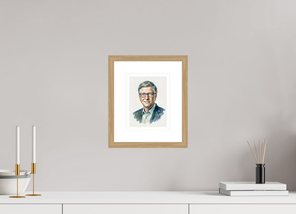 15 x 20 cm, Fine Art - Wood Frame Bill Gates Watercolor Portrait – Framed Tech Pioneer Art Print