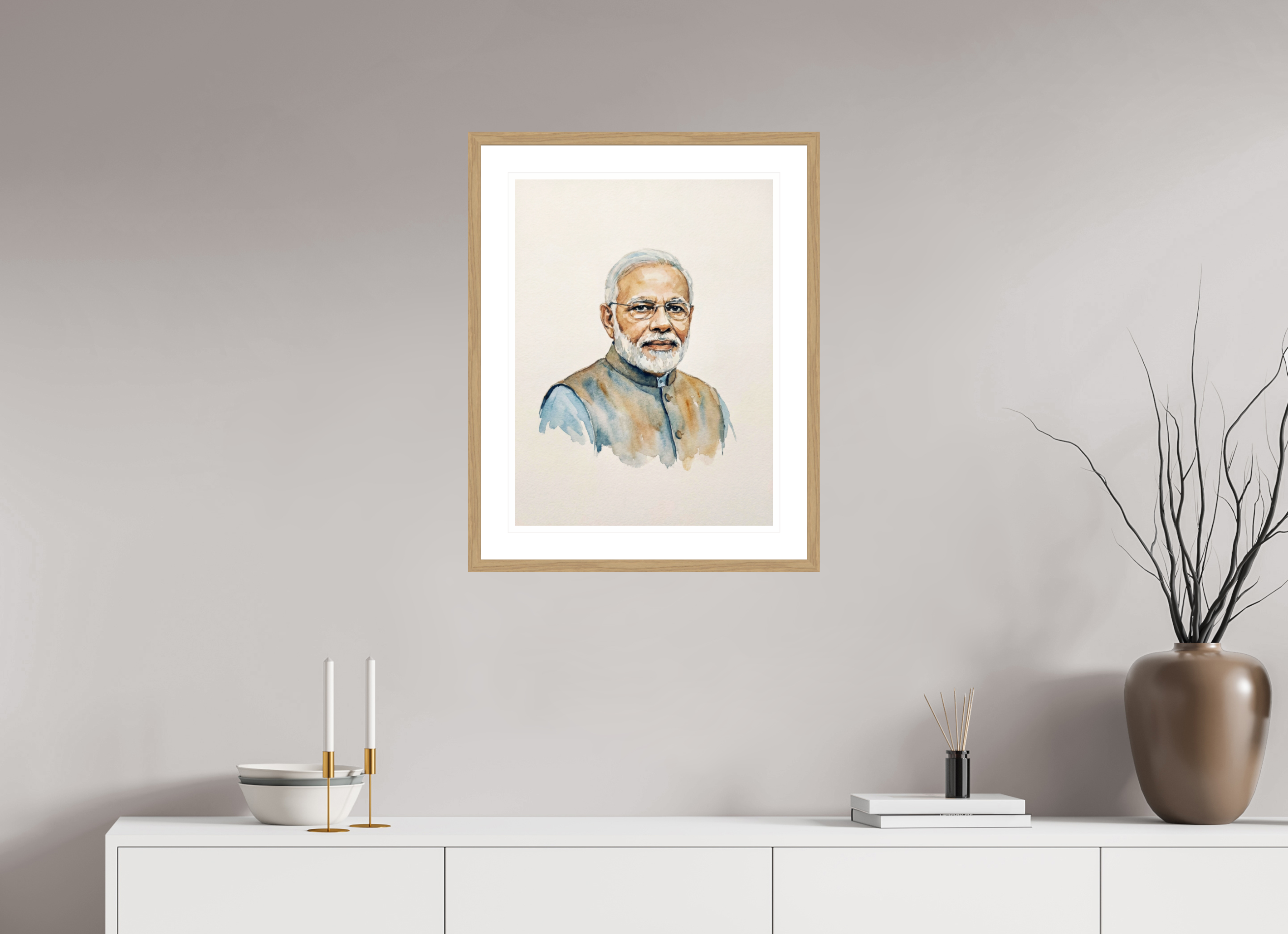 45 x 60 cm, Fine Art - Wood Frame Narendra Modi Watercolor Portrait – Framed Global Leader Art Print