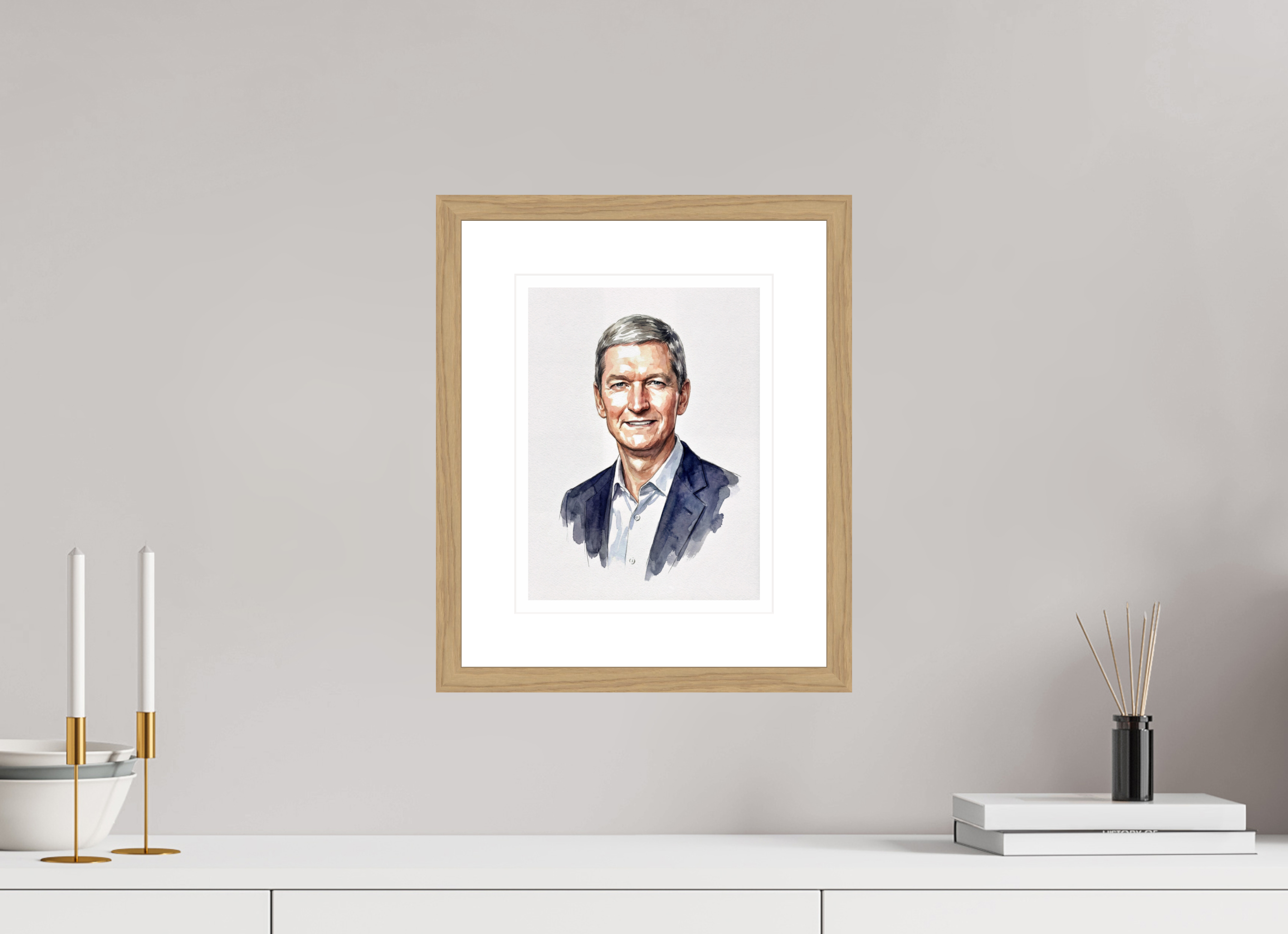 21 x 28 cm, Fine Art - Wood Frame Tim Cook Watercolor Portrait – Framed "Steward of Innovation" Art Print