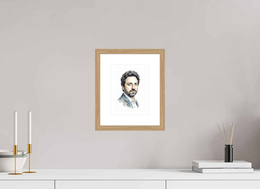 15 x 20 cm, Fine Art - Wood Frame Sergey Brin Watercolor Portrait – Framed "Architect of Knowledge" Art Print