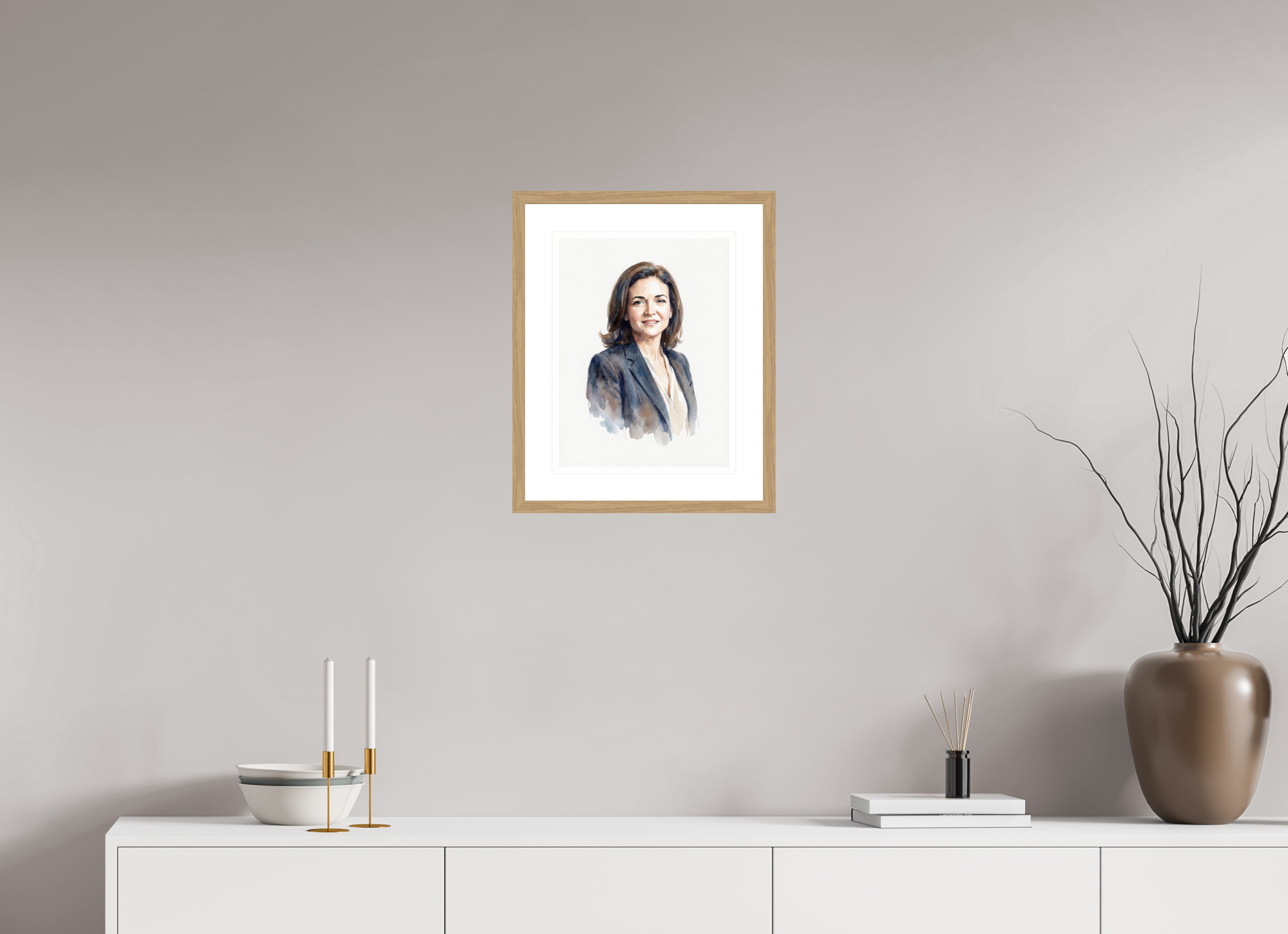 30 x 40 cm, Fine Art - Wood Frame Sheryl Sandberg Watercolor Portrait – Framed "Lean In" Visionary Art Print