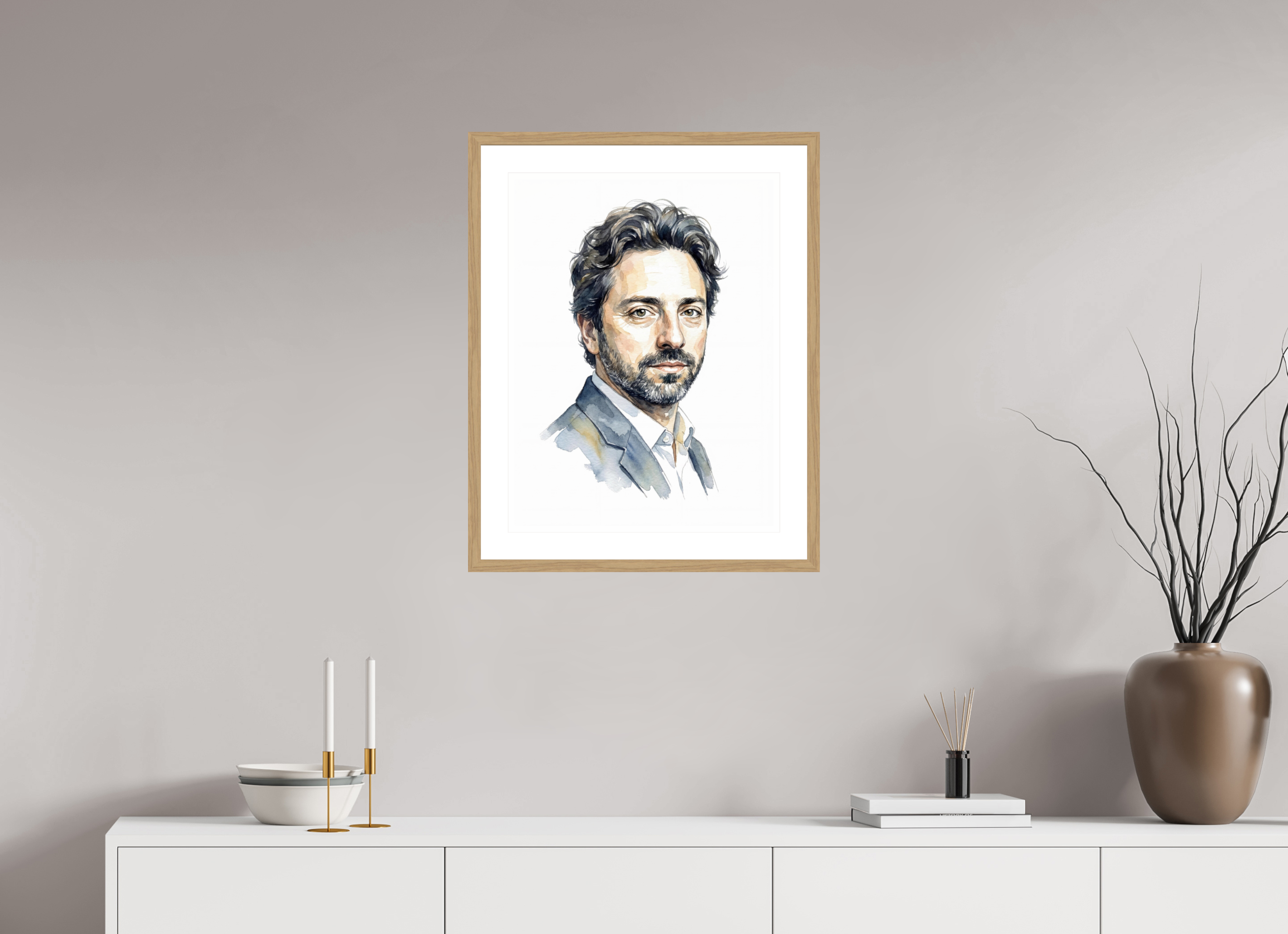 45 x 60 cm, Fine Art - Wood Frame Sergey Brin Watercolor Portrait – Framed "Architect of Knowledge" Art Print