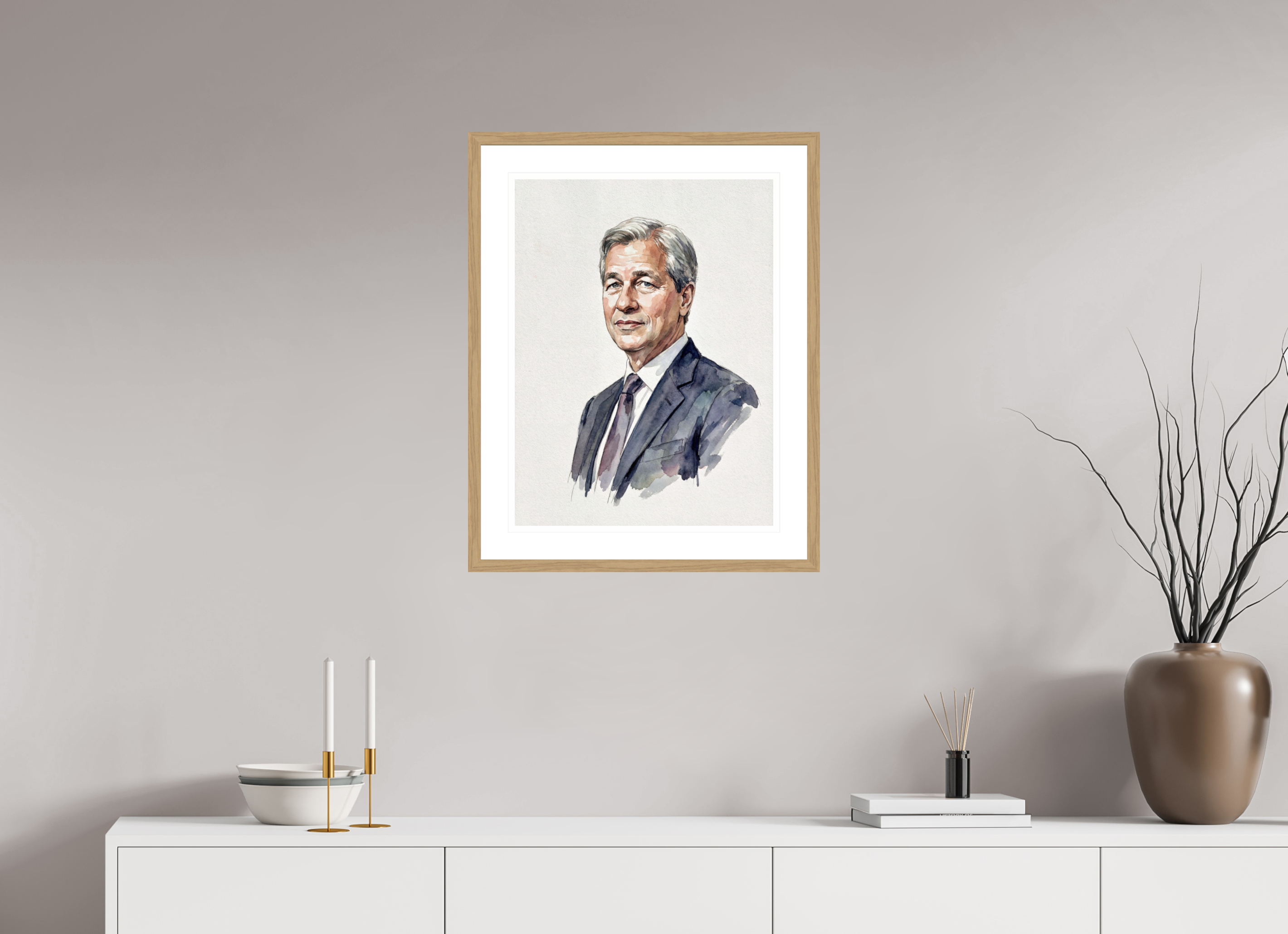 45 x 60 cm, Fine Art - Wood Frame Jamie Dimon Watercolor Portrait – Framed "King of Wall Street" Art Print