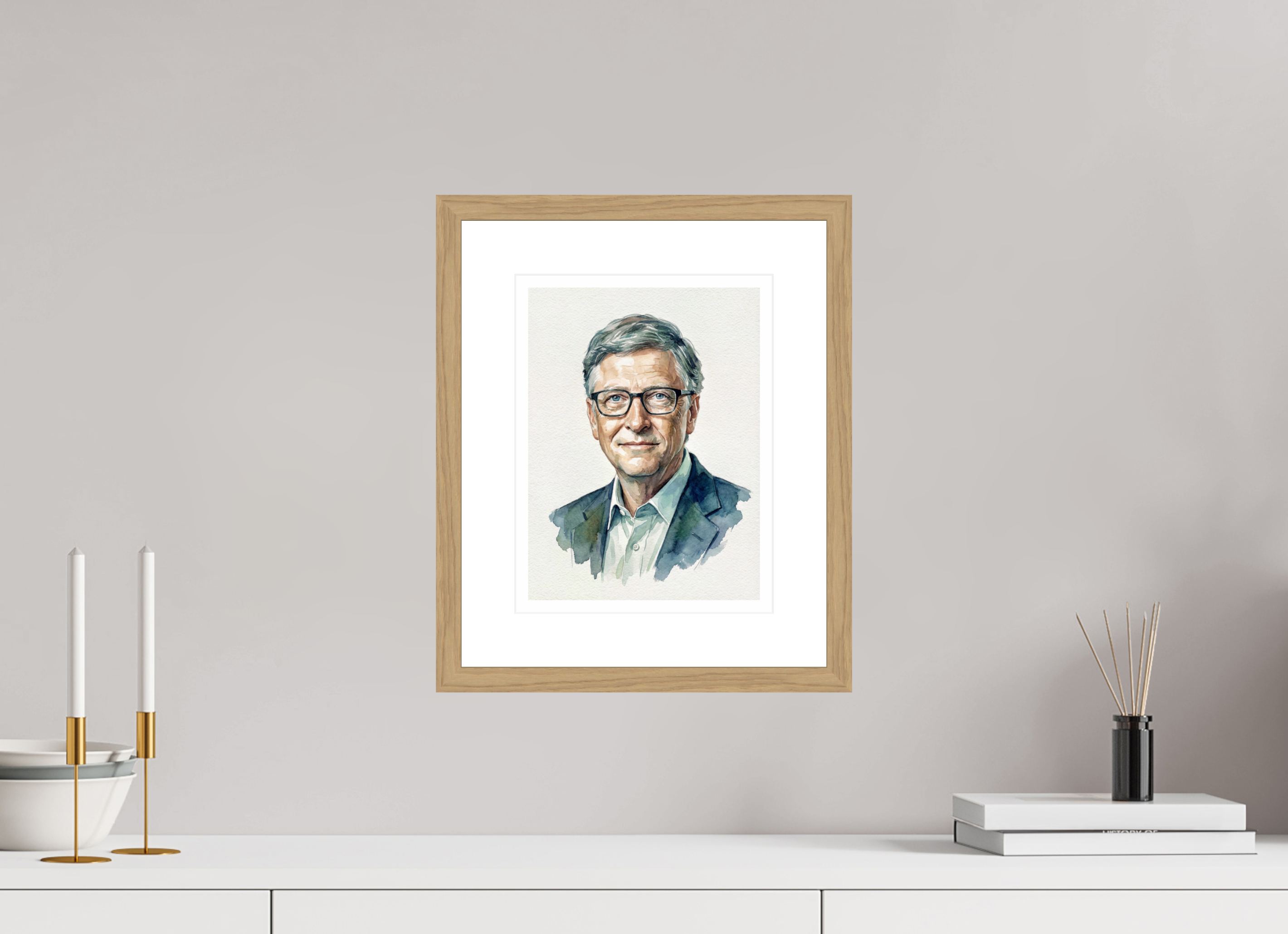 21 x 28 cm, Fine Art - Wood Frame Bill Gates Watercolor Portrait – Framed Tech Pioneer Art Print