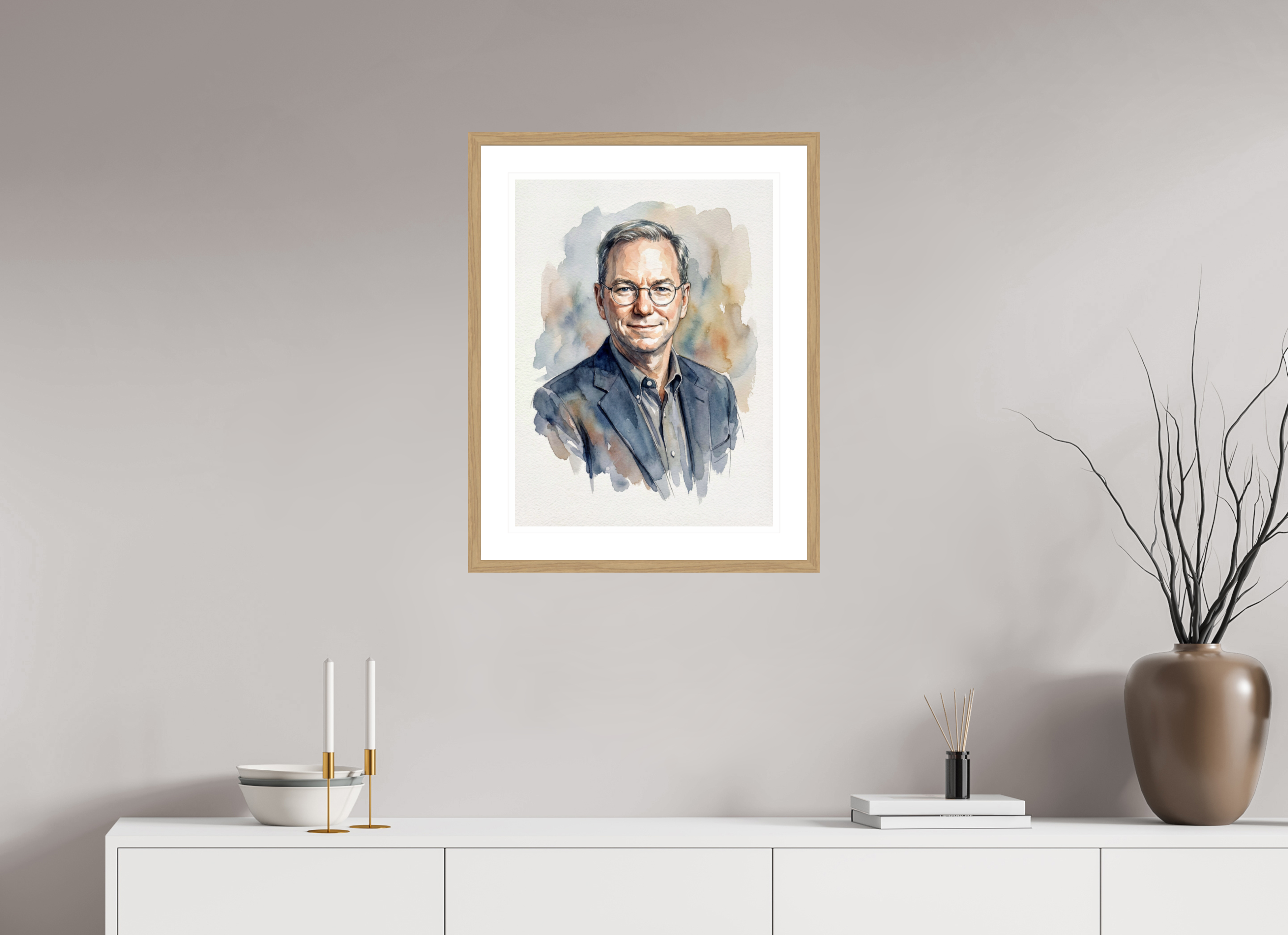 45 x 60 cm, Fine Art - Wood Frame Eric Schmidt Watercolor Portrait – Framed "Architect of Innovation" Art Print