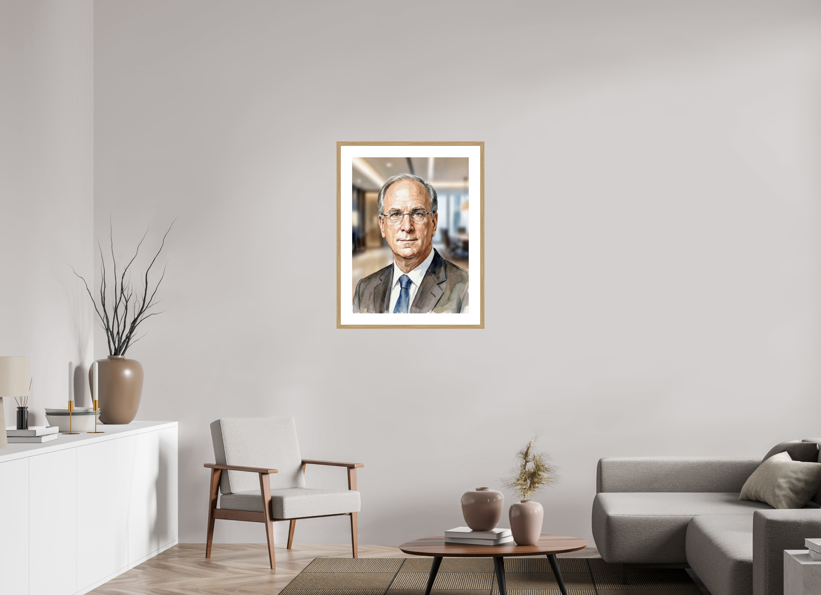 60 x 80 cm, Fine Art - Wood Frame Larry Fink Watercolor Portrait – Framed "King of Wall Street" Art Print