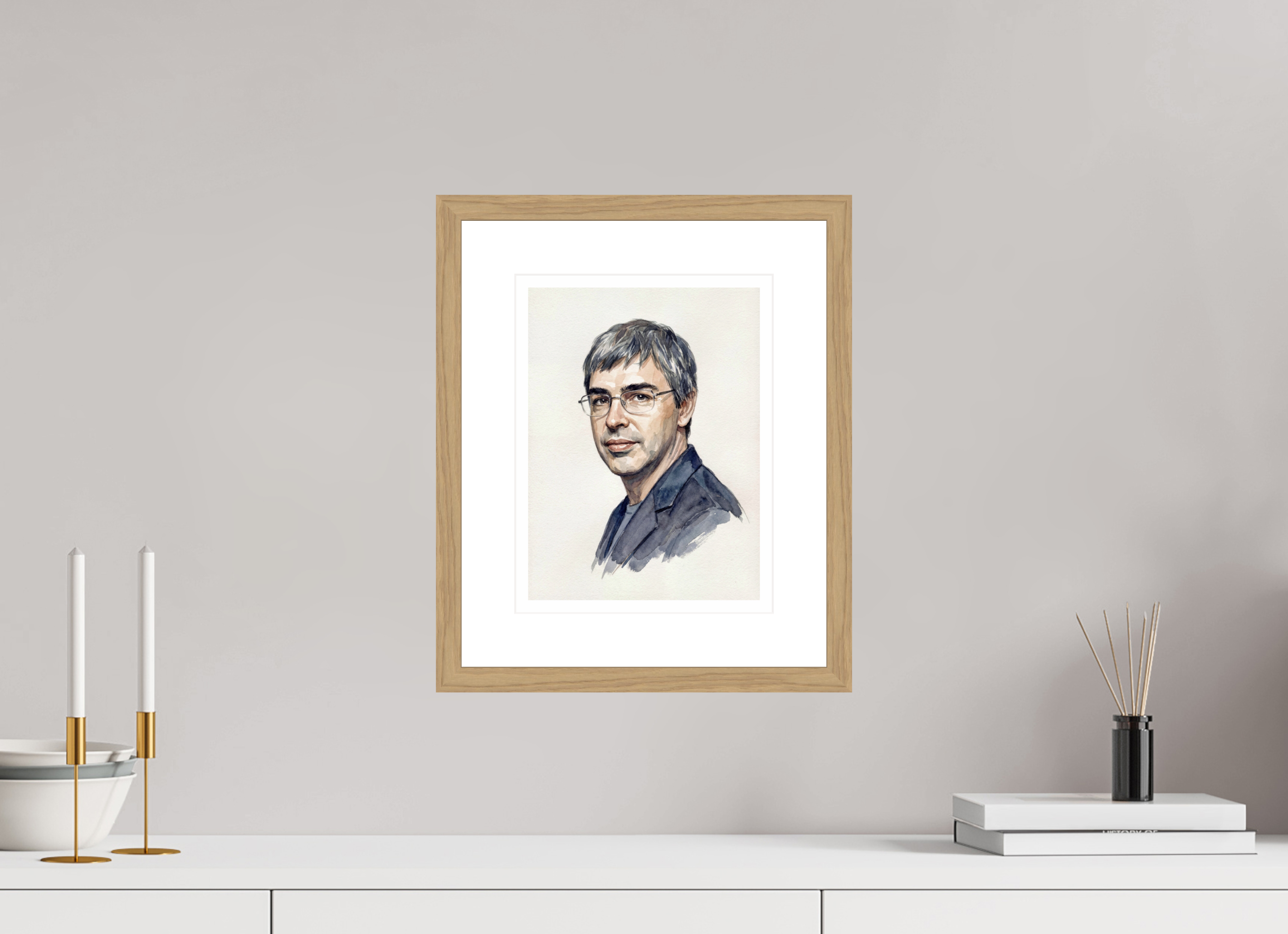 21 x 28 cm, Fine Art - Wood Frame Larry Page Watercolor Portrait – Framed "Architect of the Internet" Art Print