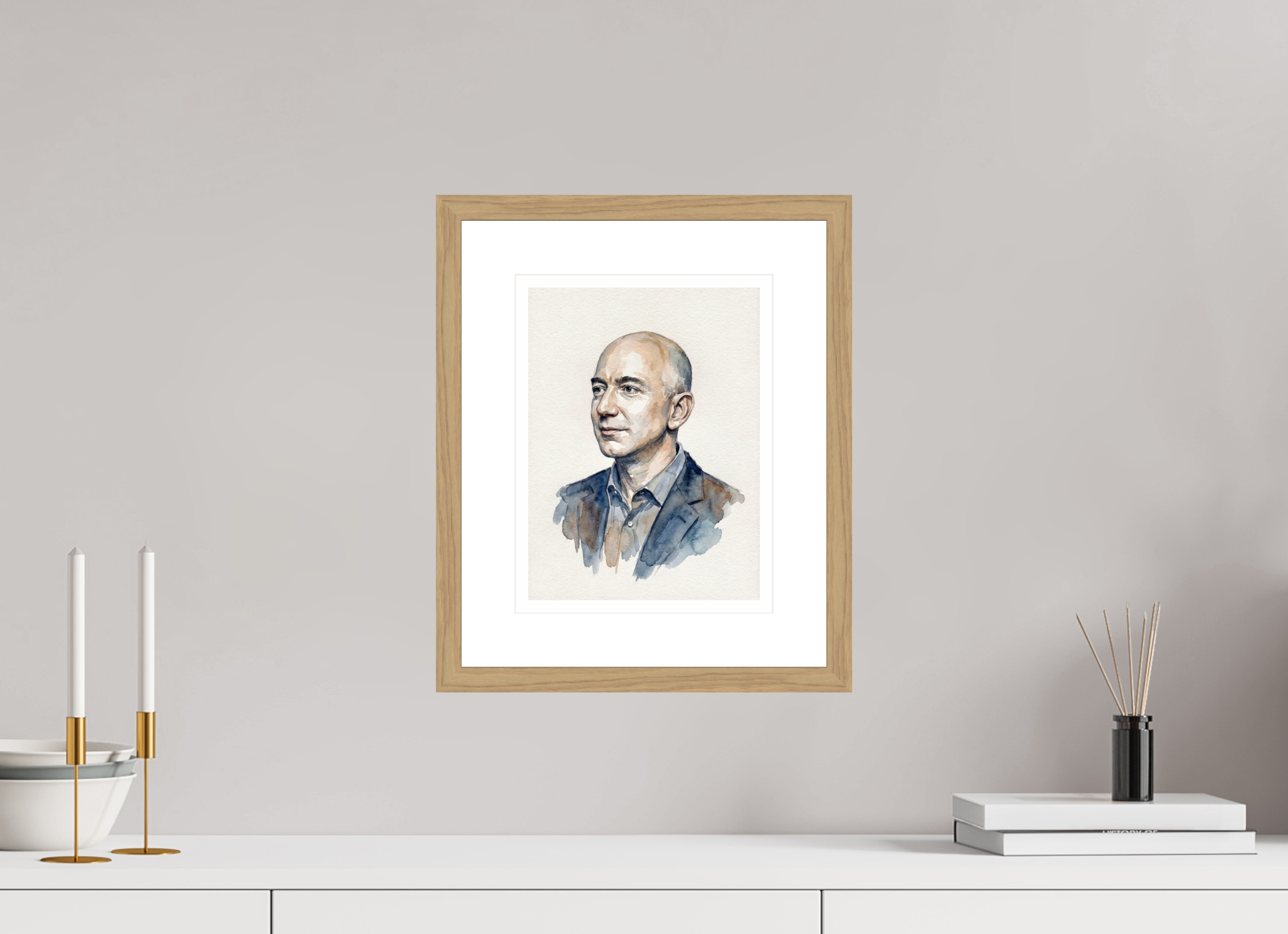 21 x 28 cm, Fine Art - Wood Frame Jeff Bezos Watercolor Portrait – Framed "Day 1" Visionary Art Print