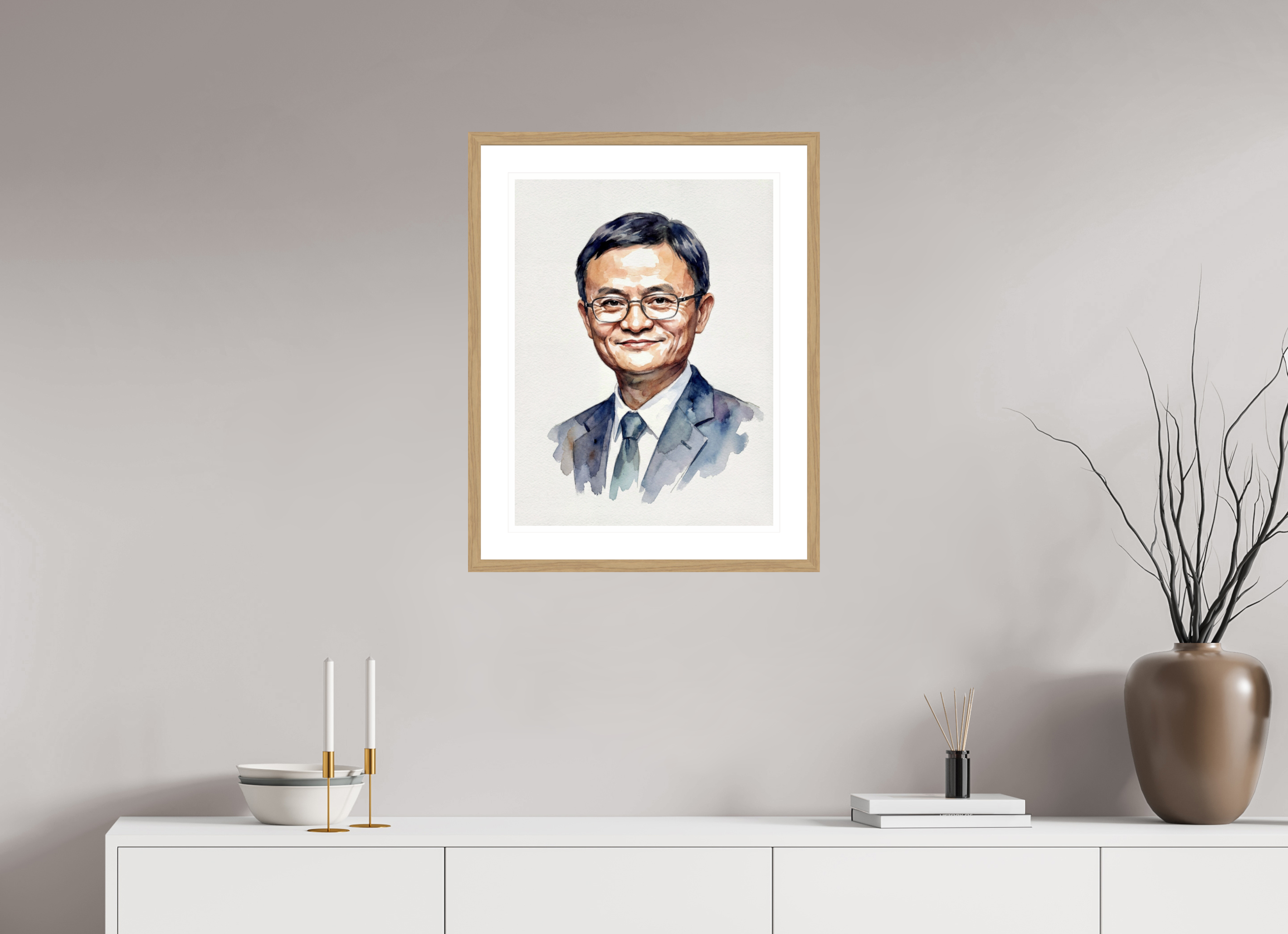 45 x 60 cm, Fine Art - Wood Frame Jack Ma Watercolor Portrait – Framed "Alibaba Visionary" Art Print