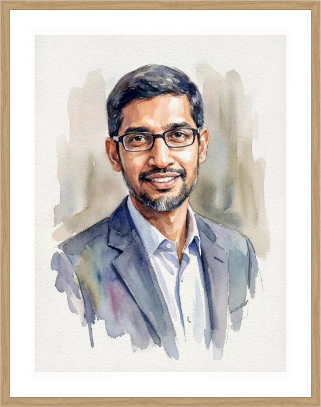 Main image Sundar Pichai Watercolor Portrait – Framed "Empathetic Leader" Art Print