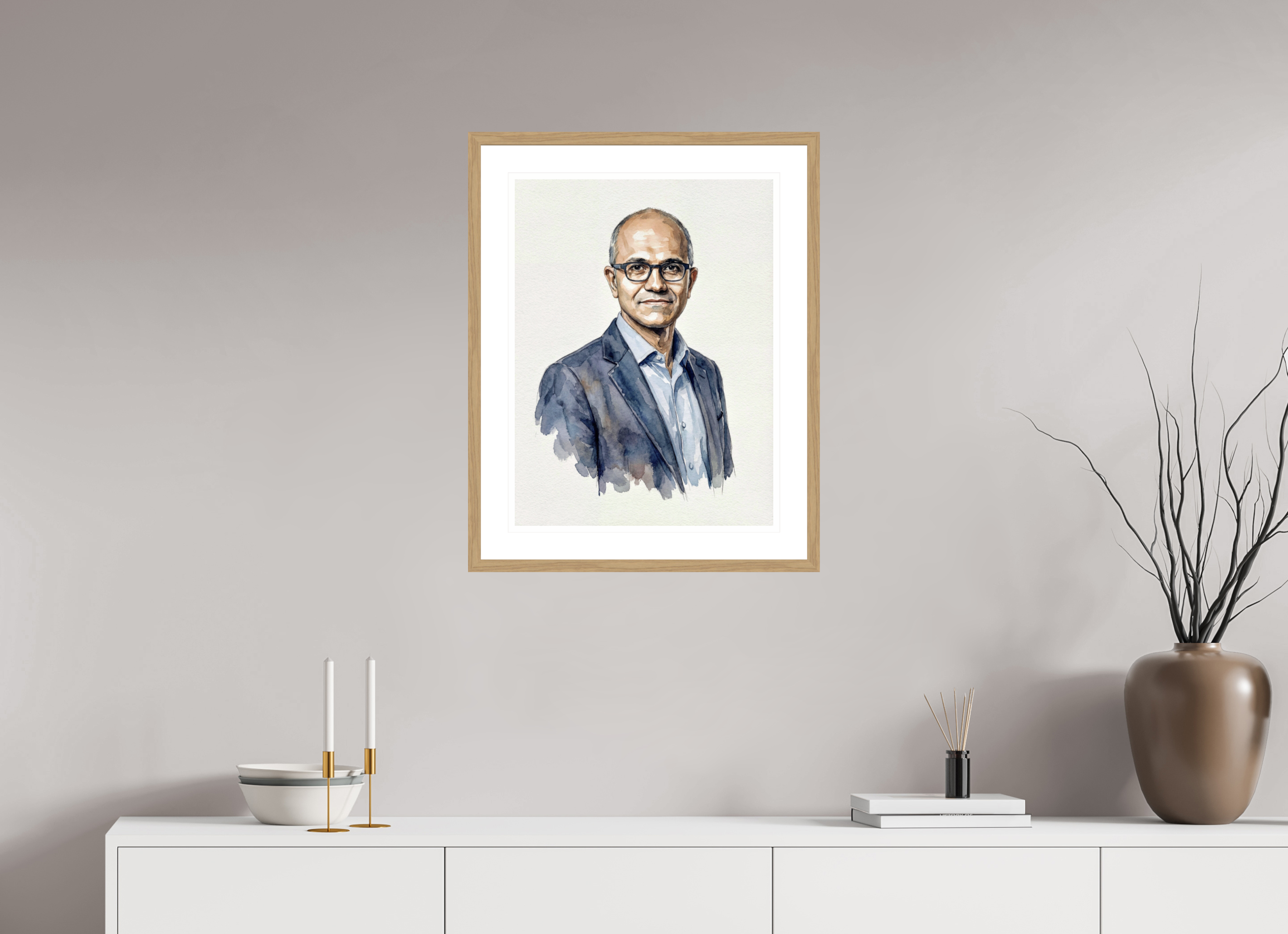 45 x 60 cm, Fine Art - Wood Frame Satya Nadella Watercolor Portrait – Framed "Empowerment & Innovation" Art Print