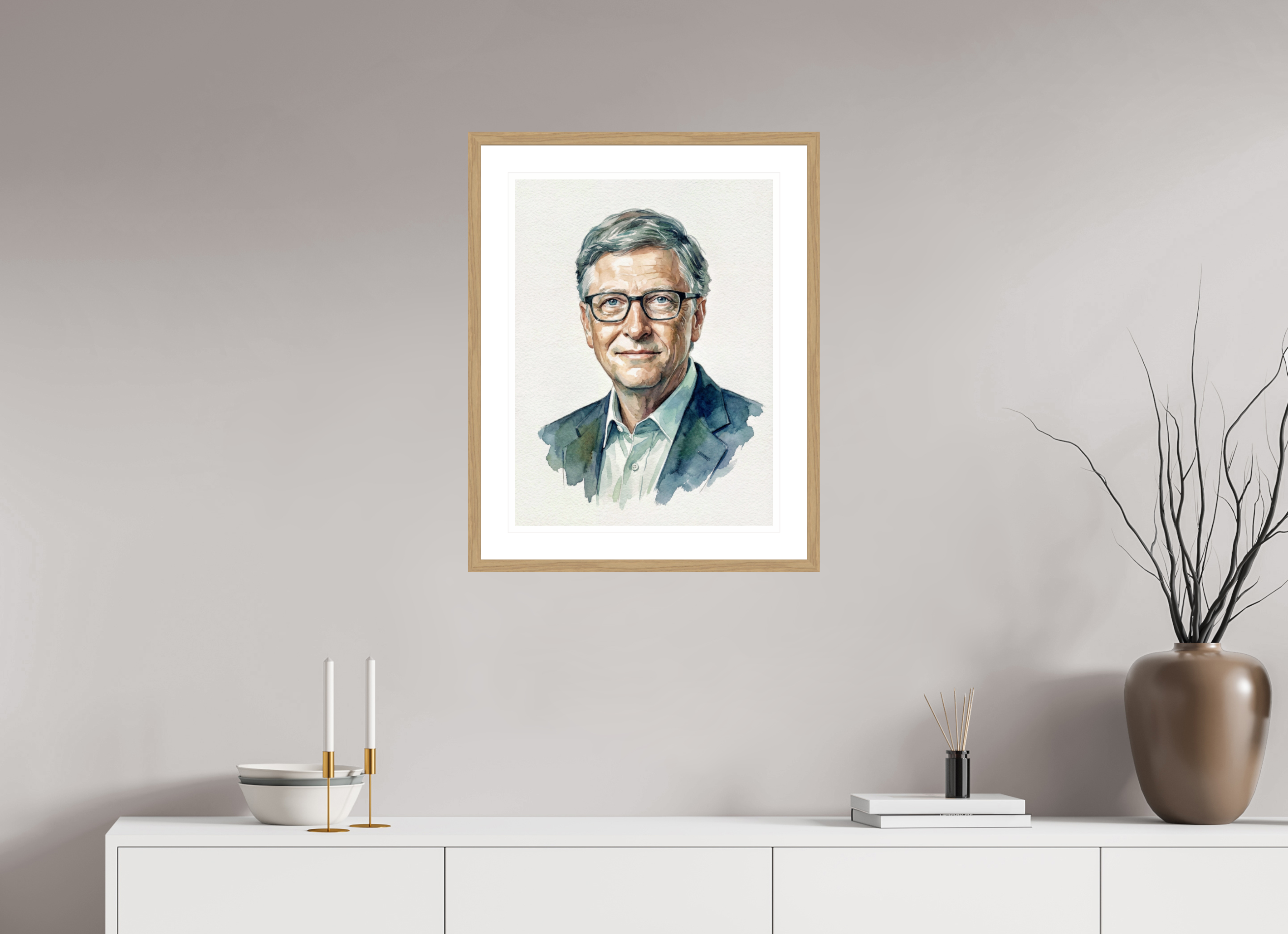 45 x 60 cm, Fine Art - Wood Frame Bill Gates Watercolor Portrait – Framed Tech Pioneer Art Print