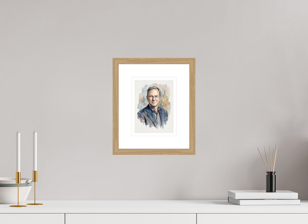 15 x 20 cm, Fine Art - Wood Frame Eric Schmidt Watercolor Portrait – Framed "Architect of Innovation" Art Print