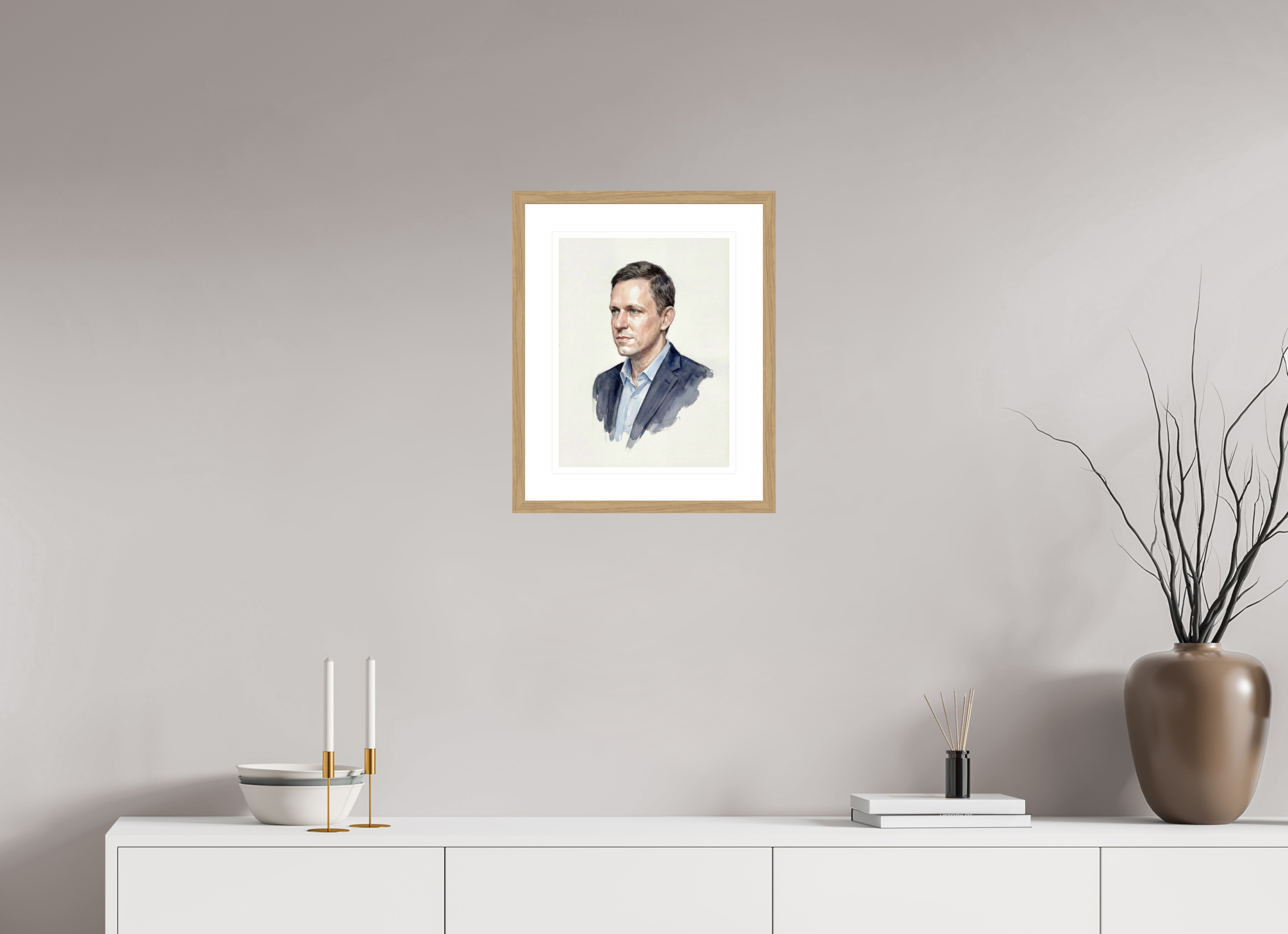 30 x 40 cm, Fine Art - Wood Frame Peter Thiel Watercolor Portrait – Framed "Contrarian Visionary" Art Print