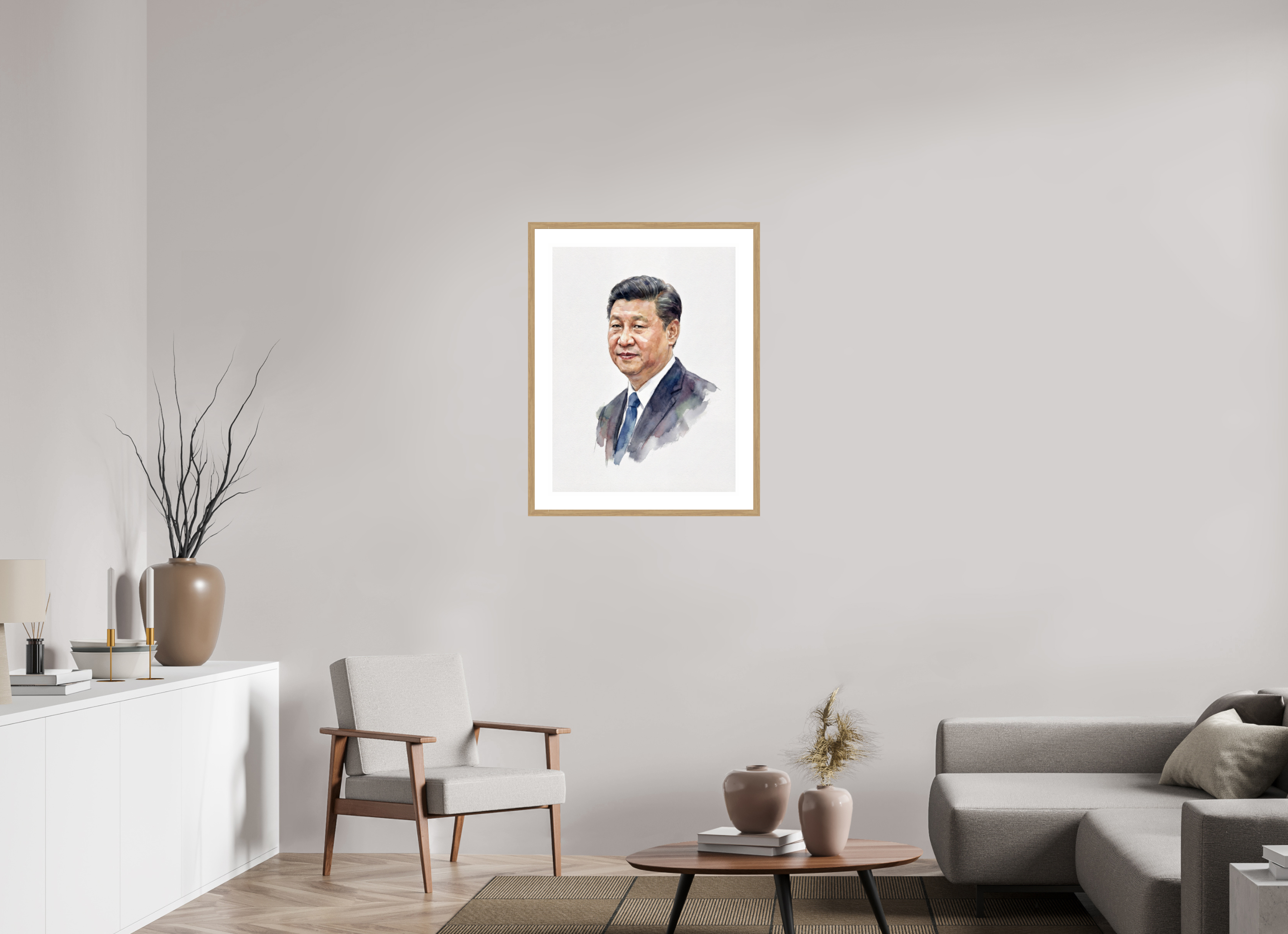 60 x 80 cm, Fine Art - Wood Frame Xi Jinping Watercolor Portrait – Framed "Core Leader" Art Print
