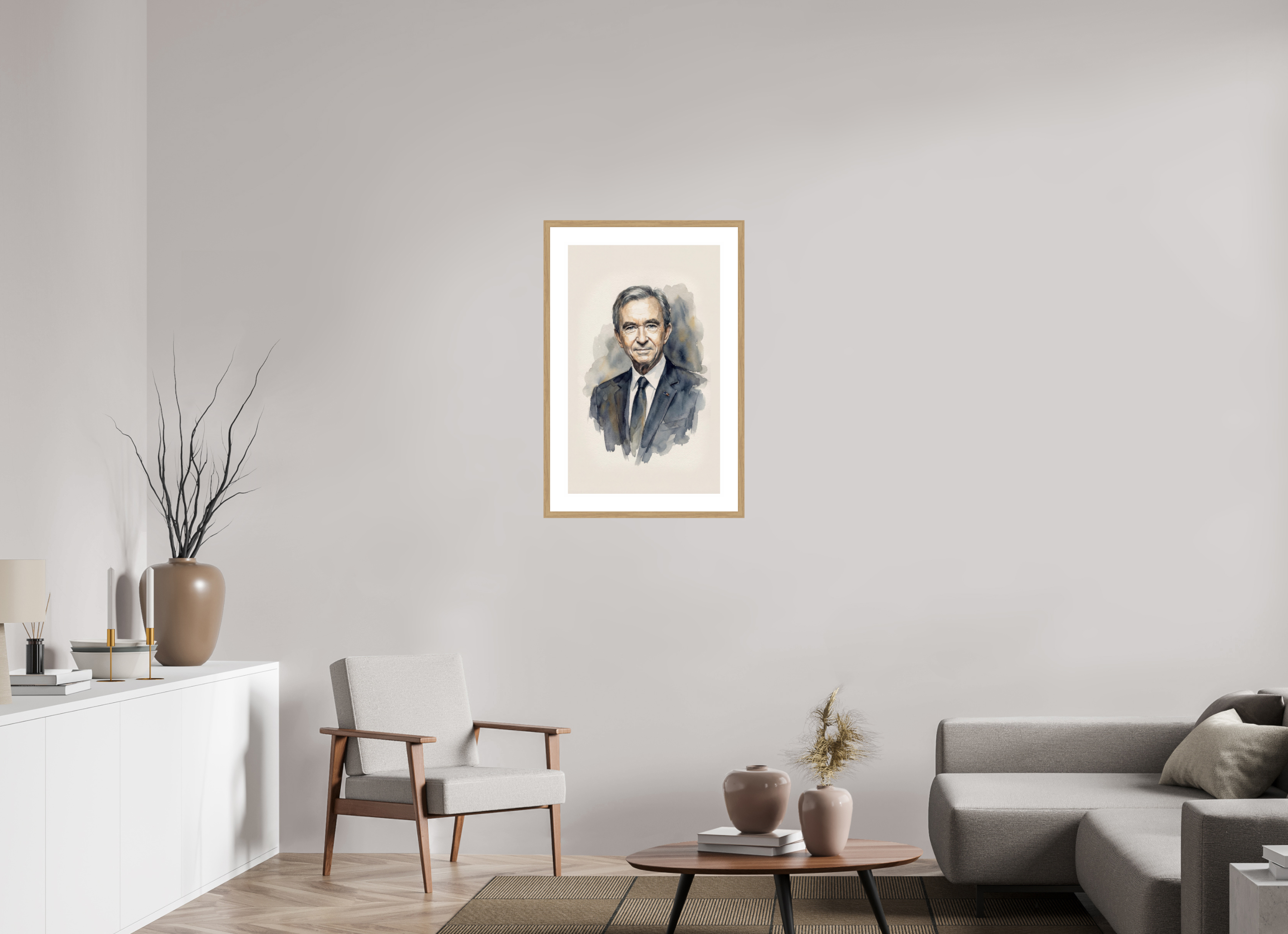 50 x 81,2 cm, Fine Art - Wood Frame Bernard Arnault Watercolor Portrait – Framed "Pope of Fashion" Art Print