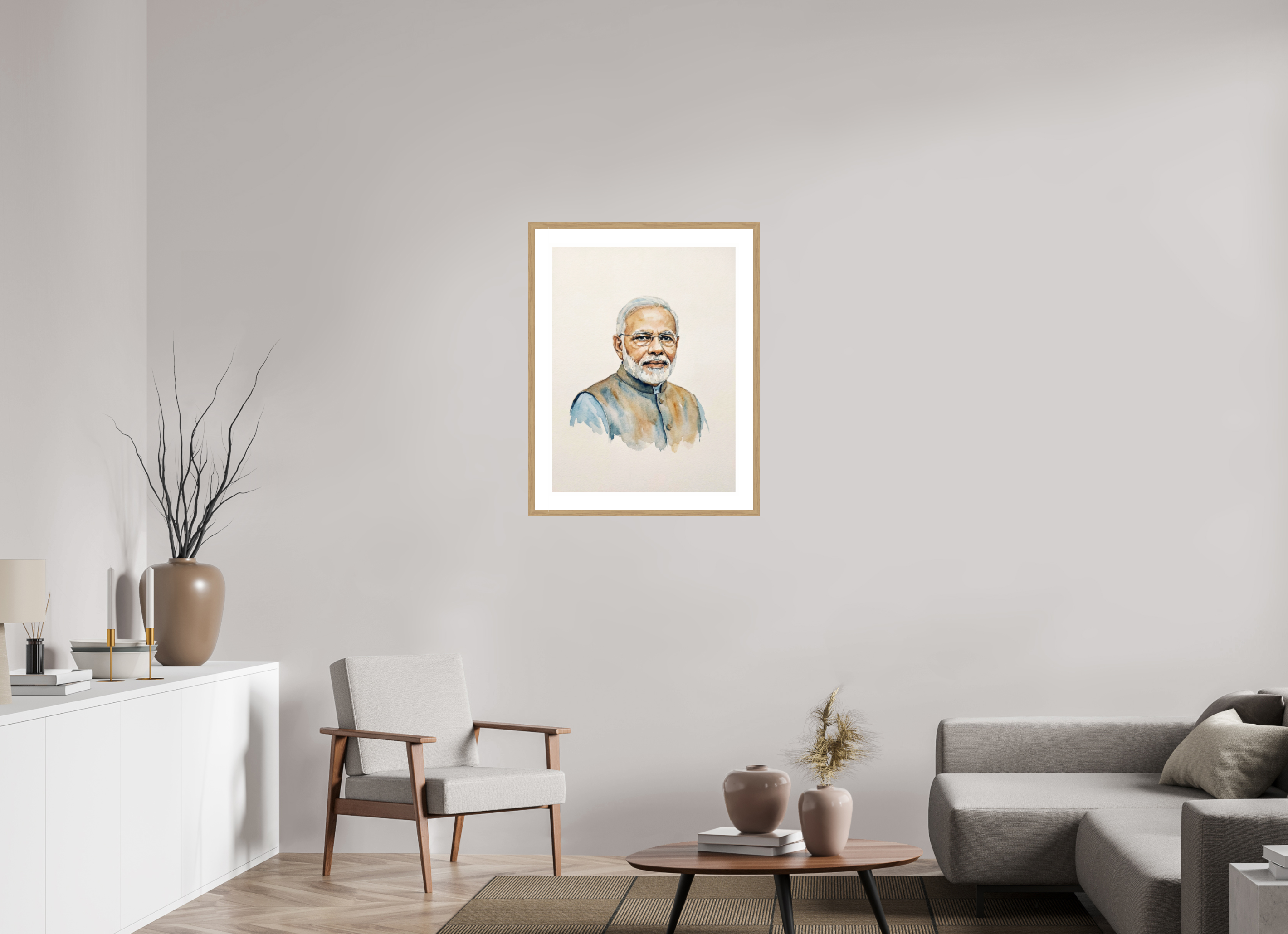 60 x 80 cm, Fine Art - Wood Frame Narendra Modi Watercolor Portrait – Framed Global Leader Art Print