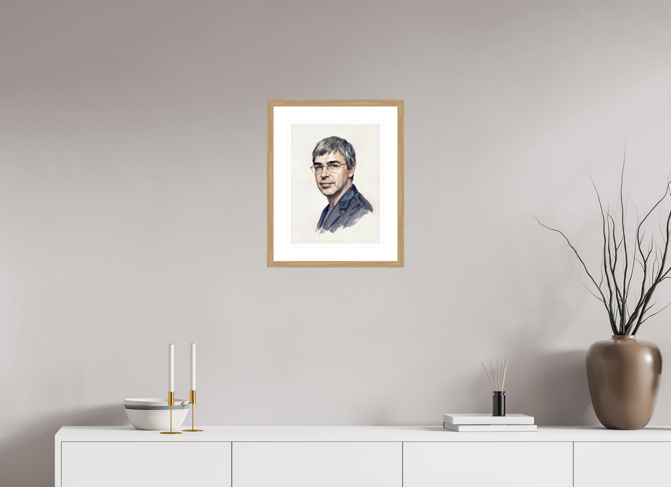 30 x 40 cm, Fine Art - Wood Frame Larry Page Watercolor Portrait – Framed "Architect of the Internet" Art Print