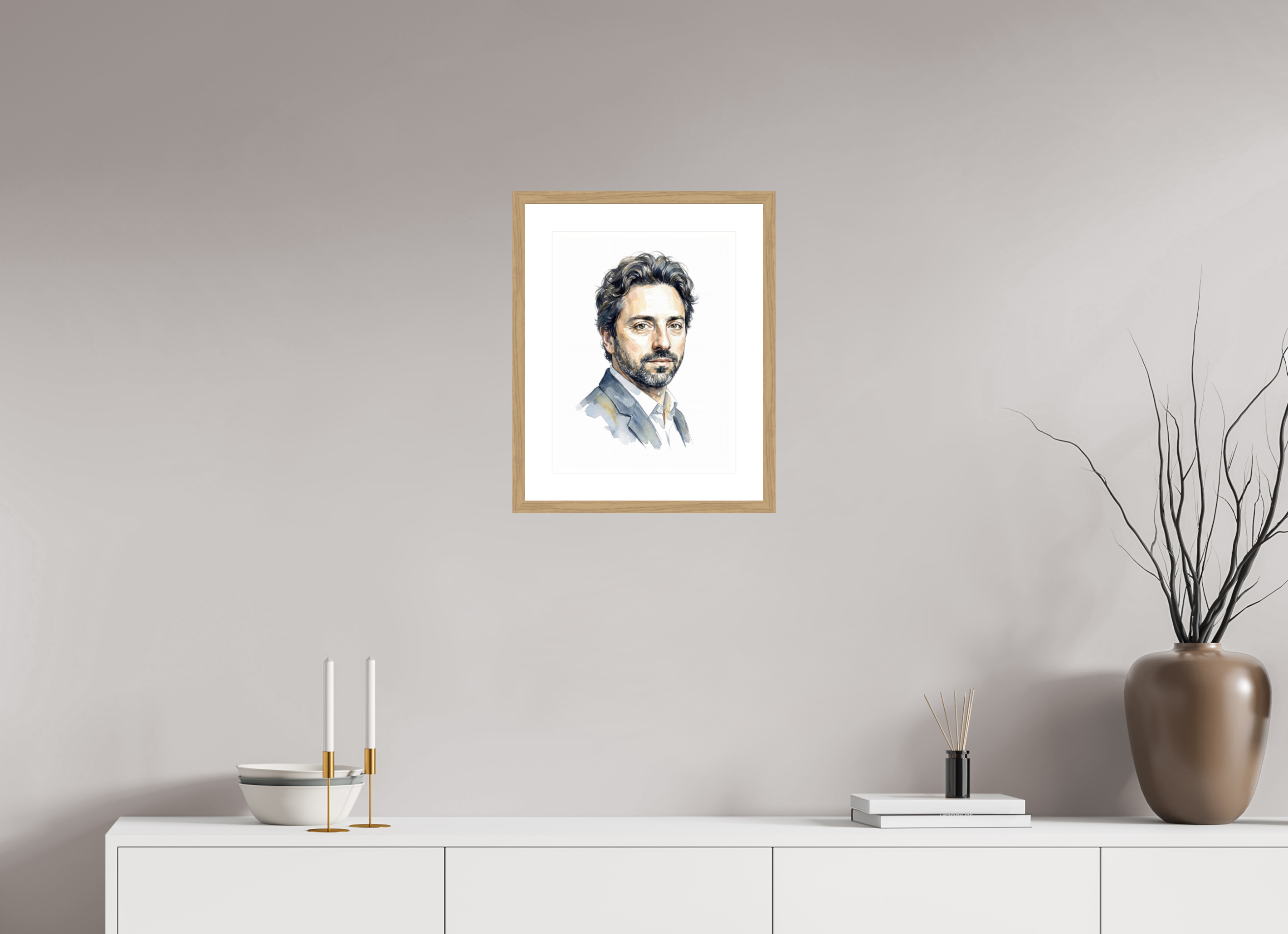 30 x 40 cm, Fine Art - Wood Frame Sergey Brin Watercolor Portrait – Framed "Architect of Knowledge" Art Print